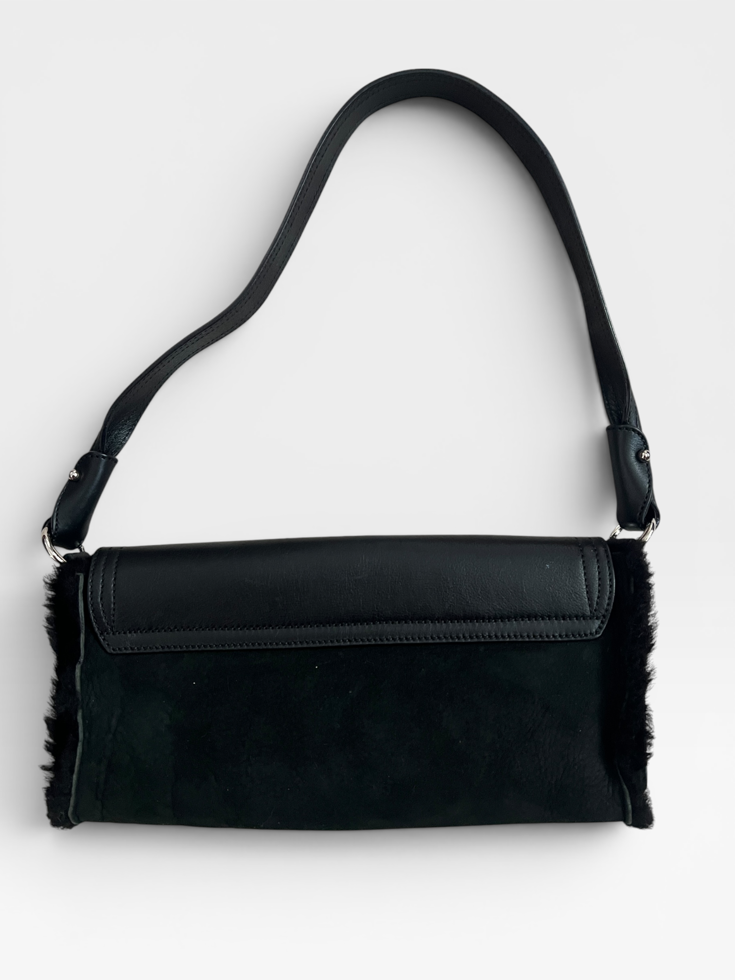 Salvatore Ferragamo Black Shearling & Leather Gancini Mini Shoulder Bag