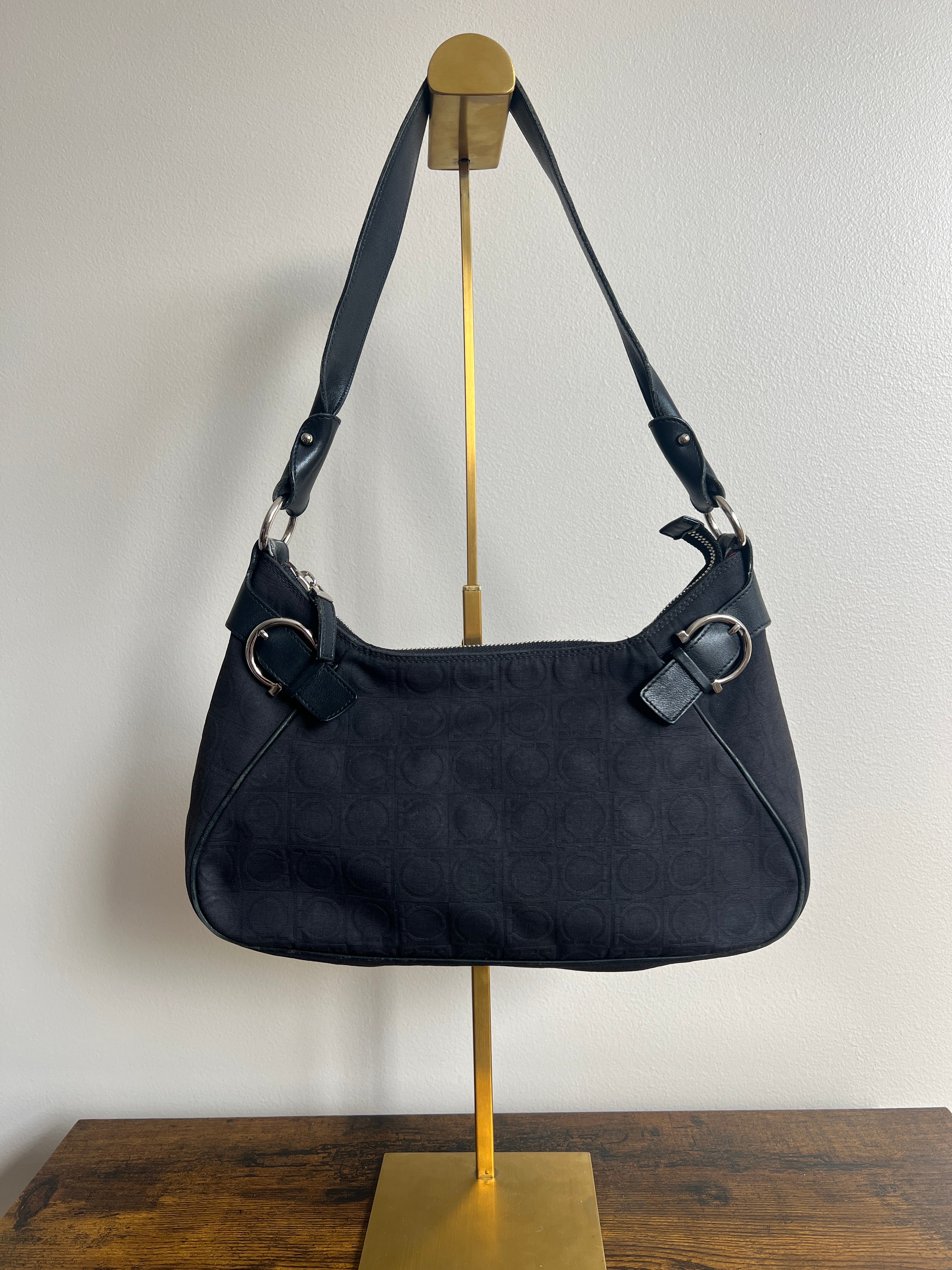 Ferragamo Black Gancini Canvas Shoulder Bag
