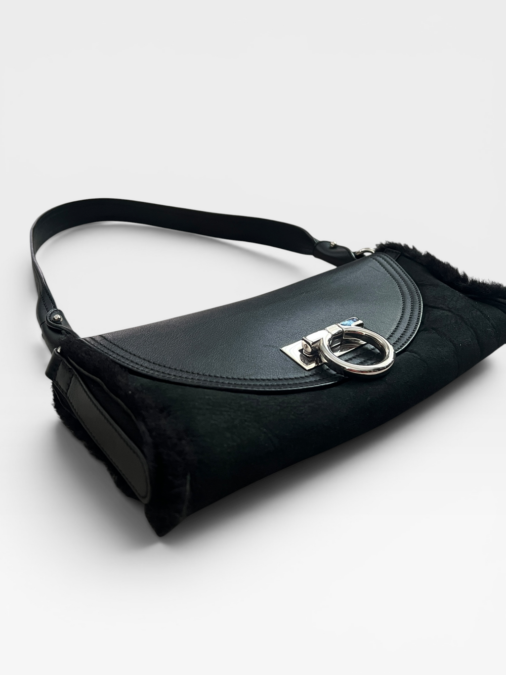 Salvatore Ferragamo Black Shearling & Leather Gancini Mini Shoulder Bag