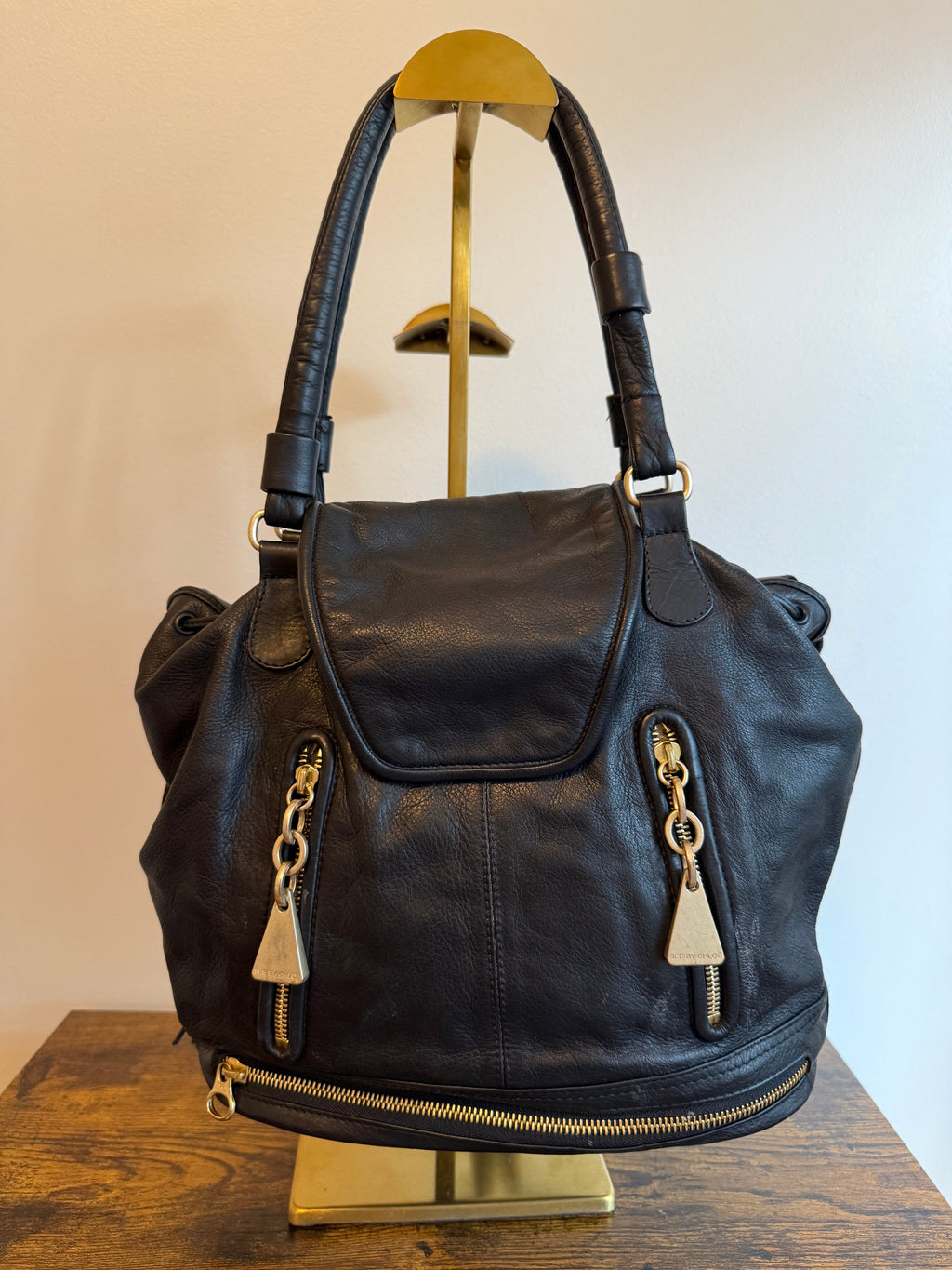 See by Chloé black pebbled leather Bucket/Satchel bag
