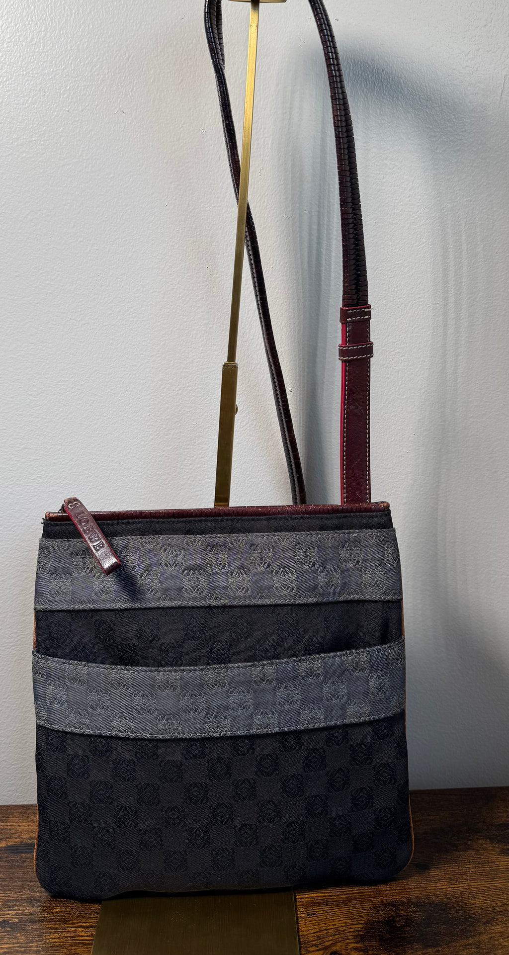 Loewe Anagram Canvas Crossbody Bag – Brown & Burgundy Leather Trim