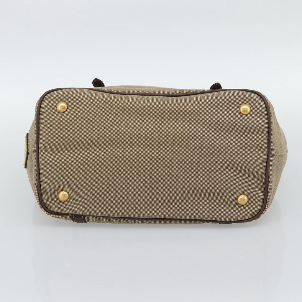 Prada Canapa Jacquard Logo Tote — Khaki Canvas, Brown Leather Trim