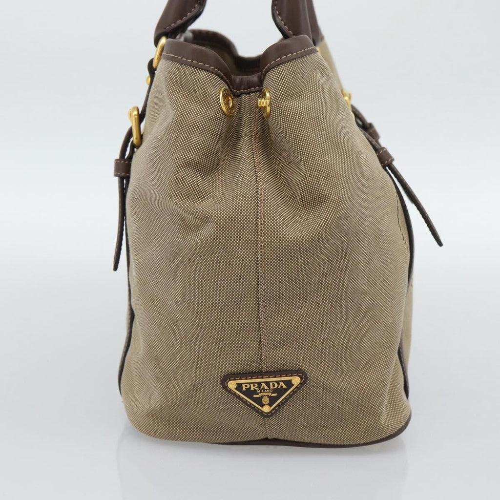Prada Canapa Jacquard Logo Tote — Khaki Canvas, Brown Leather Trim