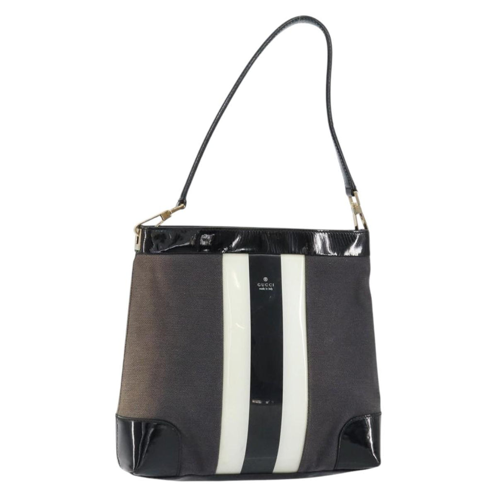 Gucci Canvas Patent Leather Stripe Shoulder Bag Brown Black White