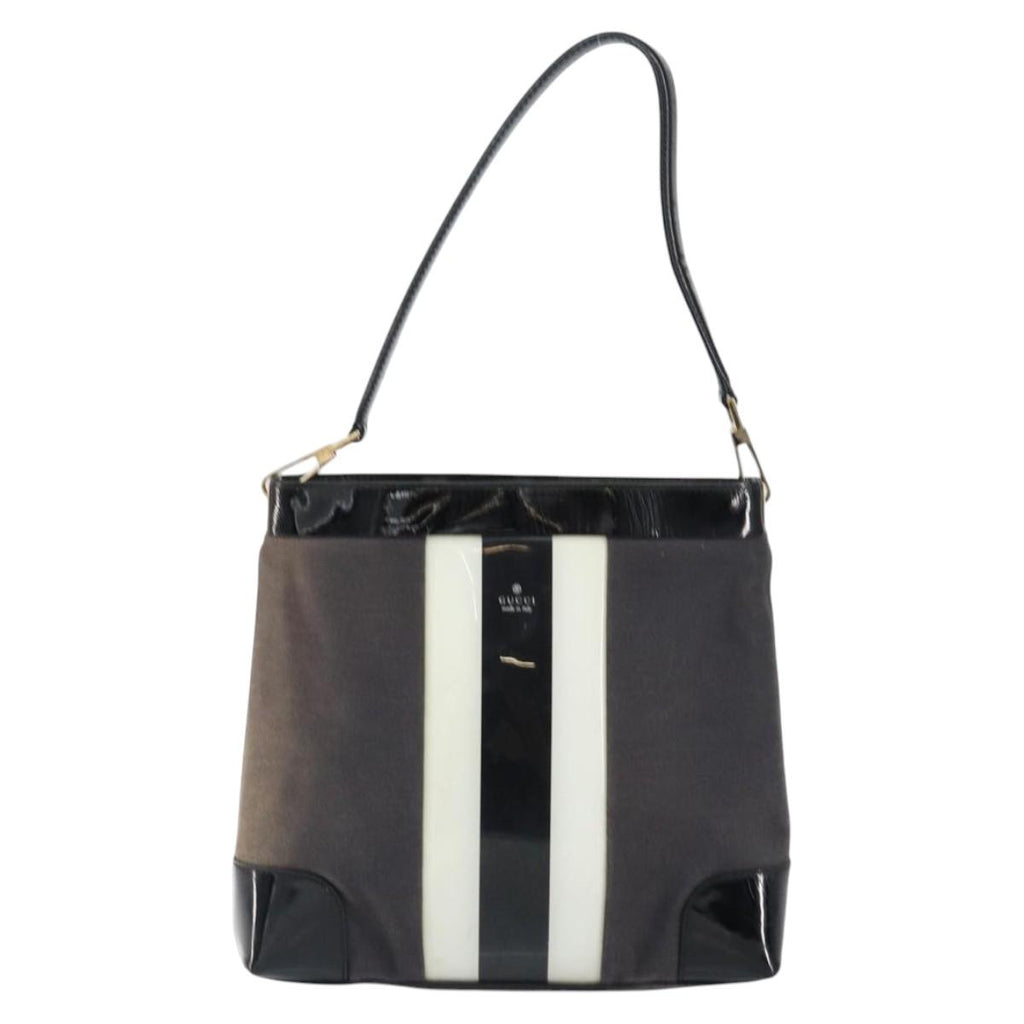 Gucci Canvas Patent Leather Stripe Shoulder Bag Brown Black White