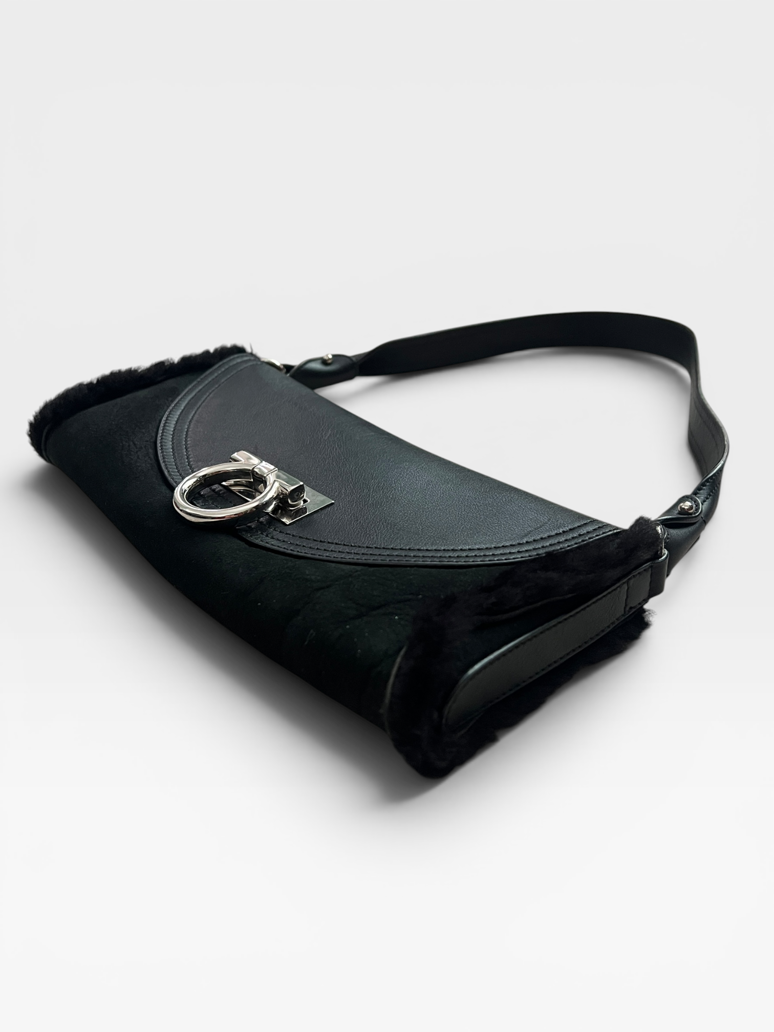 Salvatore Ferragamo Black Shearling & Leather Gancini Mini Shoulder Bag