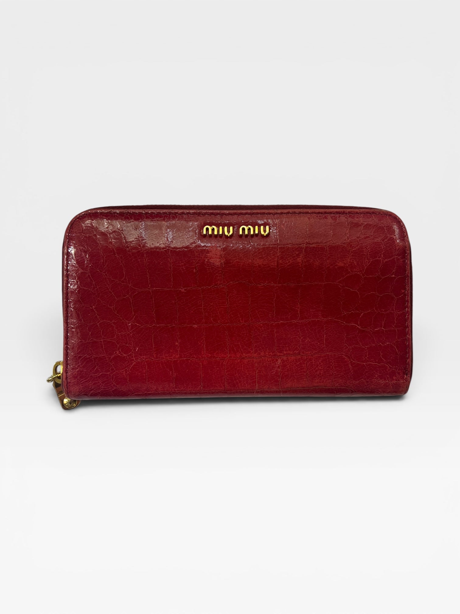 Miu Miu Red Croc-Embossed Patent Zip Wallet