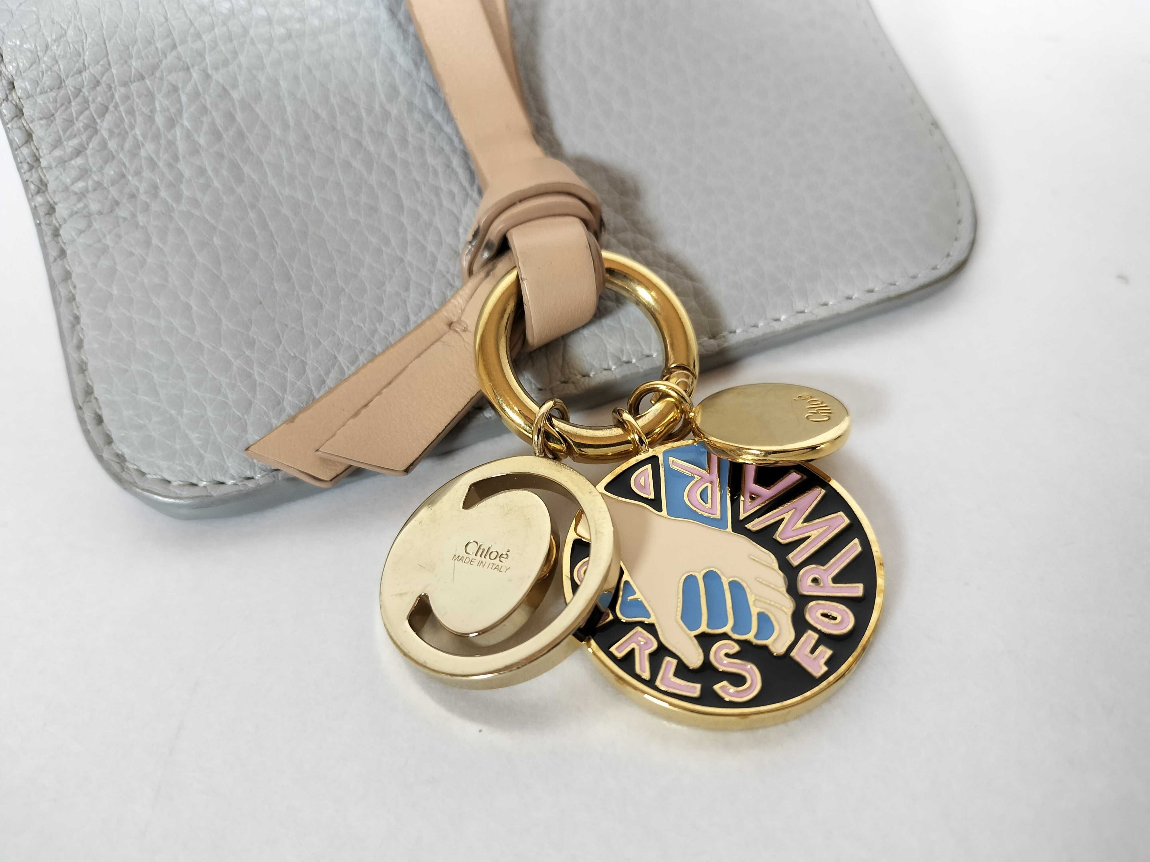 Chloé Alphabet Compact Trifold Wallet Light Grey Pebbled Leather w/ Charm Cluster