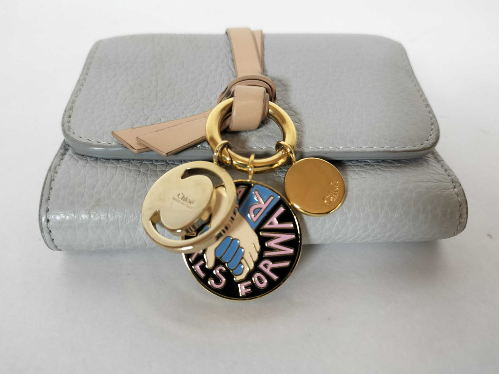 Chloé Alphabet Compact Trifold Wallet Light Grey Pebbled Leather w/ Charm Cluster