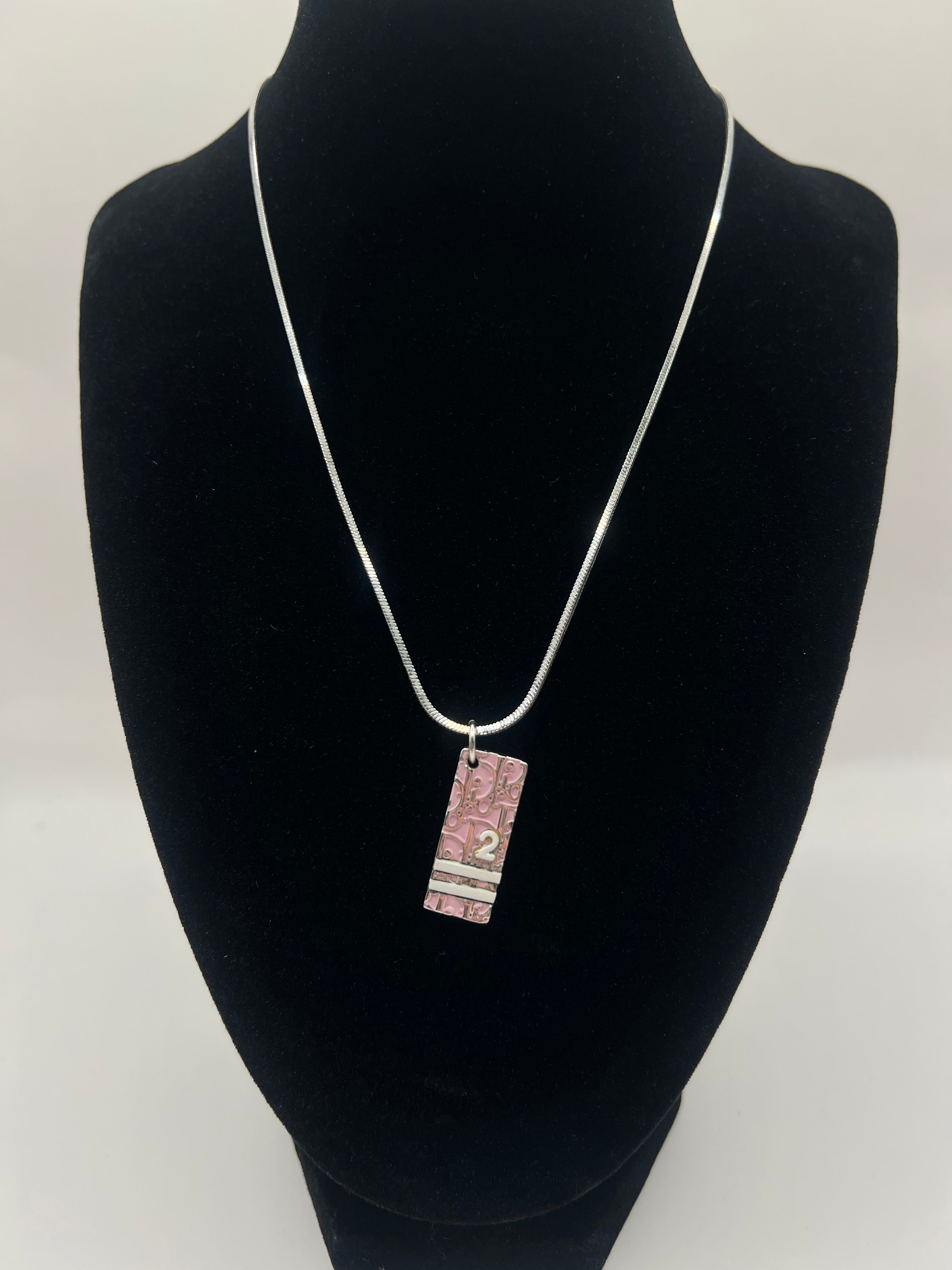 Vintage Dior Pink Enamel Monogram Pendant Necklace