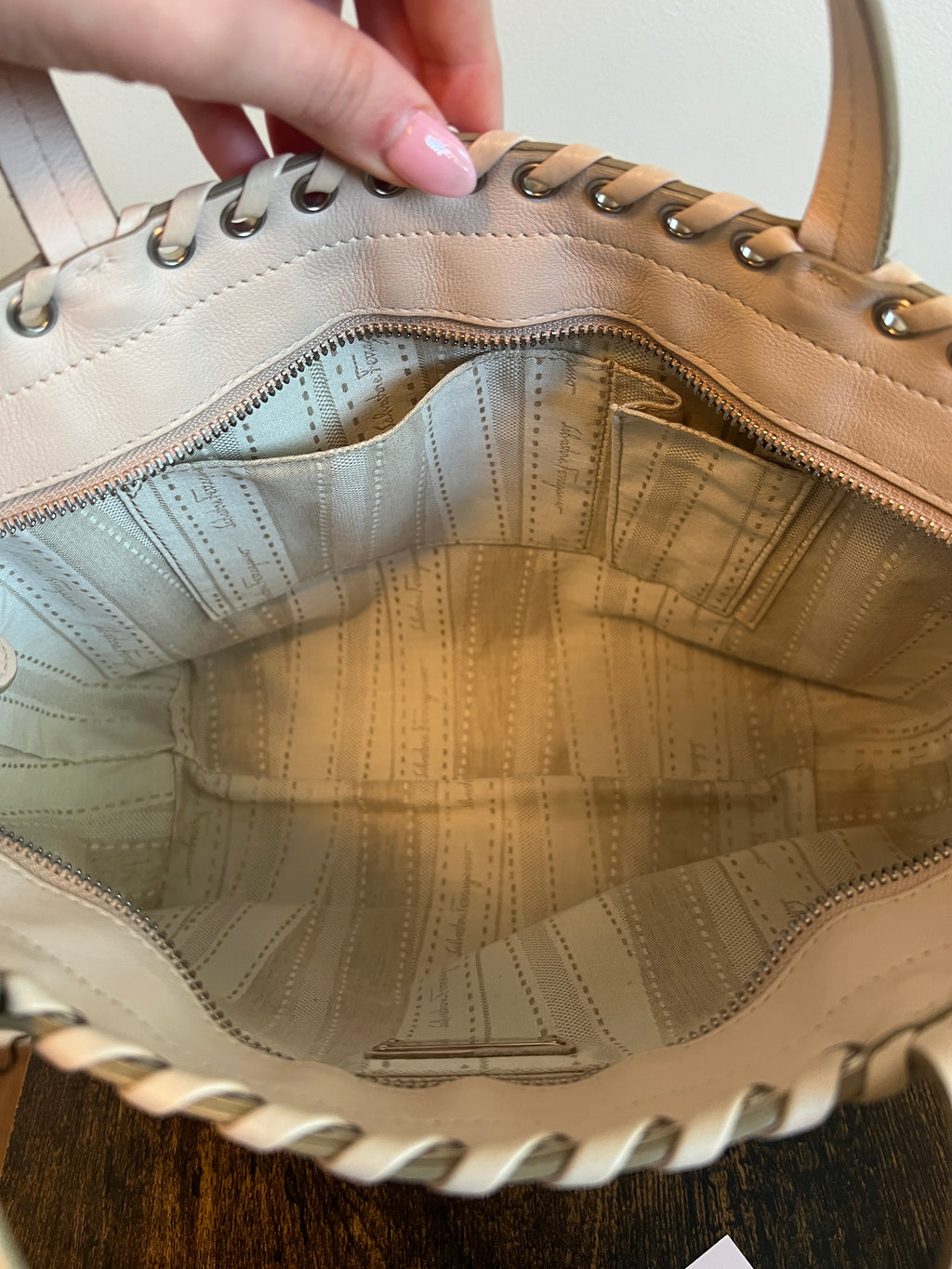 Salvatore Ferragamo Blush Gancini Studded Leather Tote Bag