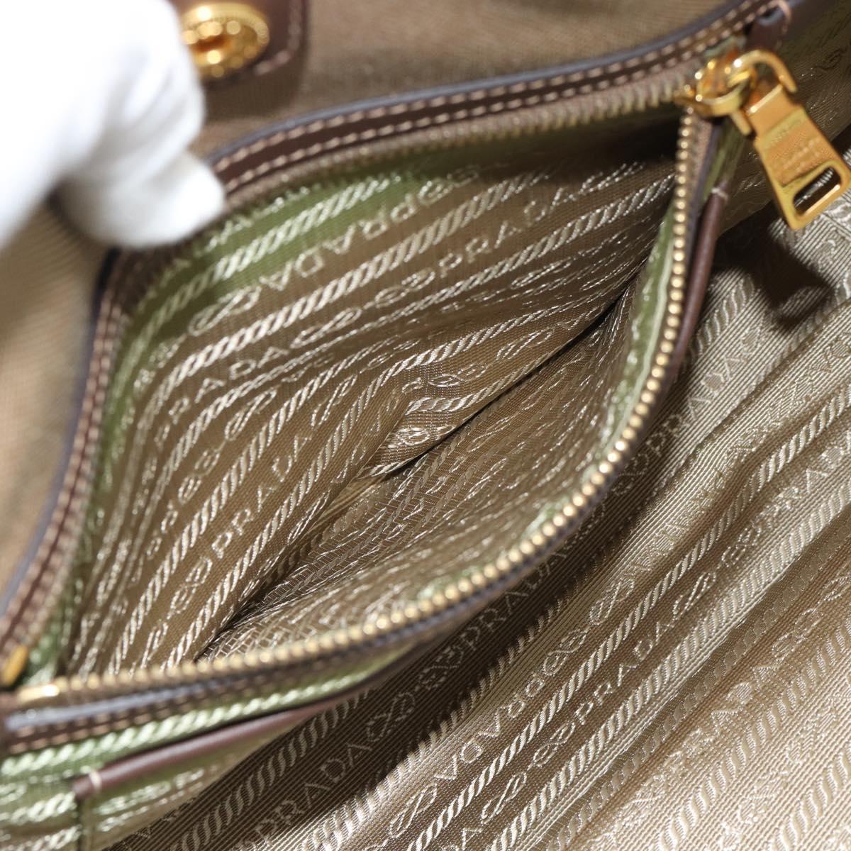 Prada Canapa Jacquard Logo Tote — Khaki Canvas, Brown Leather Trim