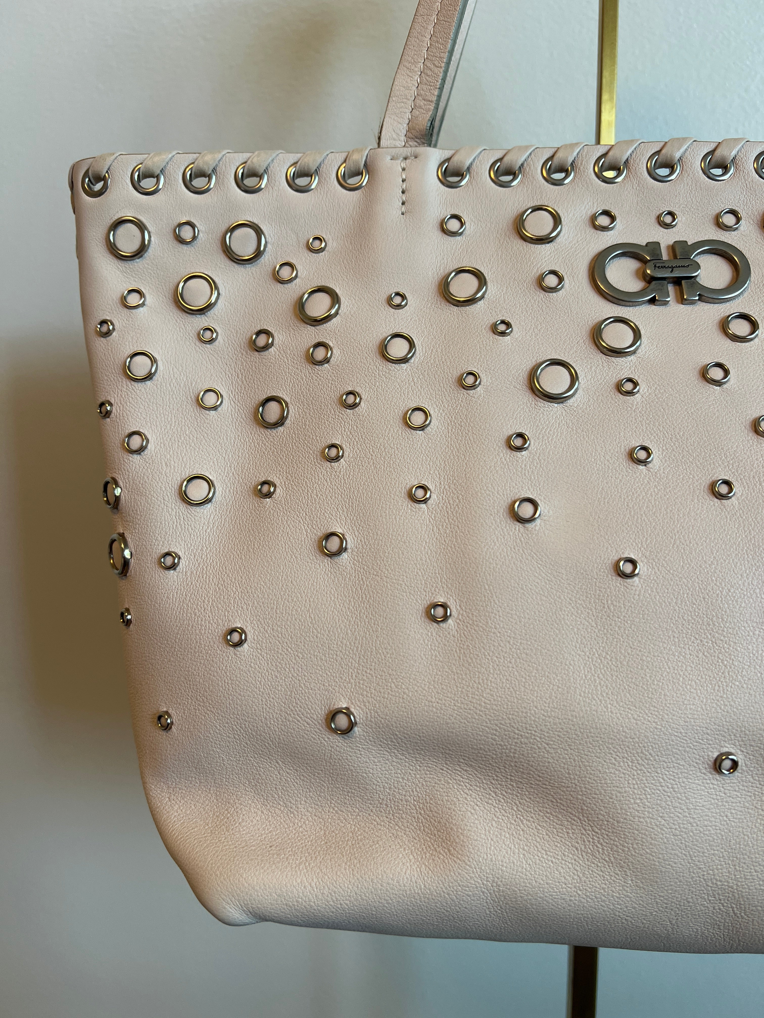 Salvatore Ferragamo Blush Gancini Studded Leather Tote Bag