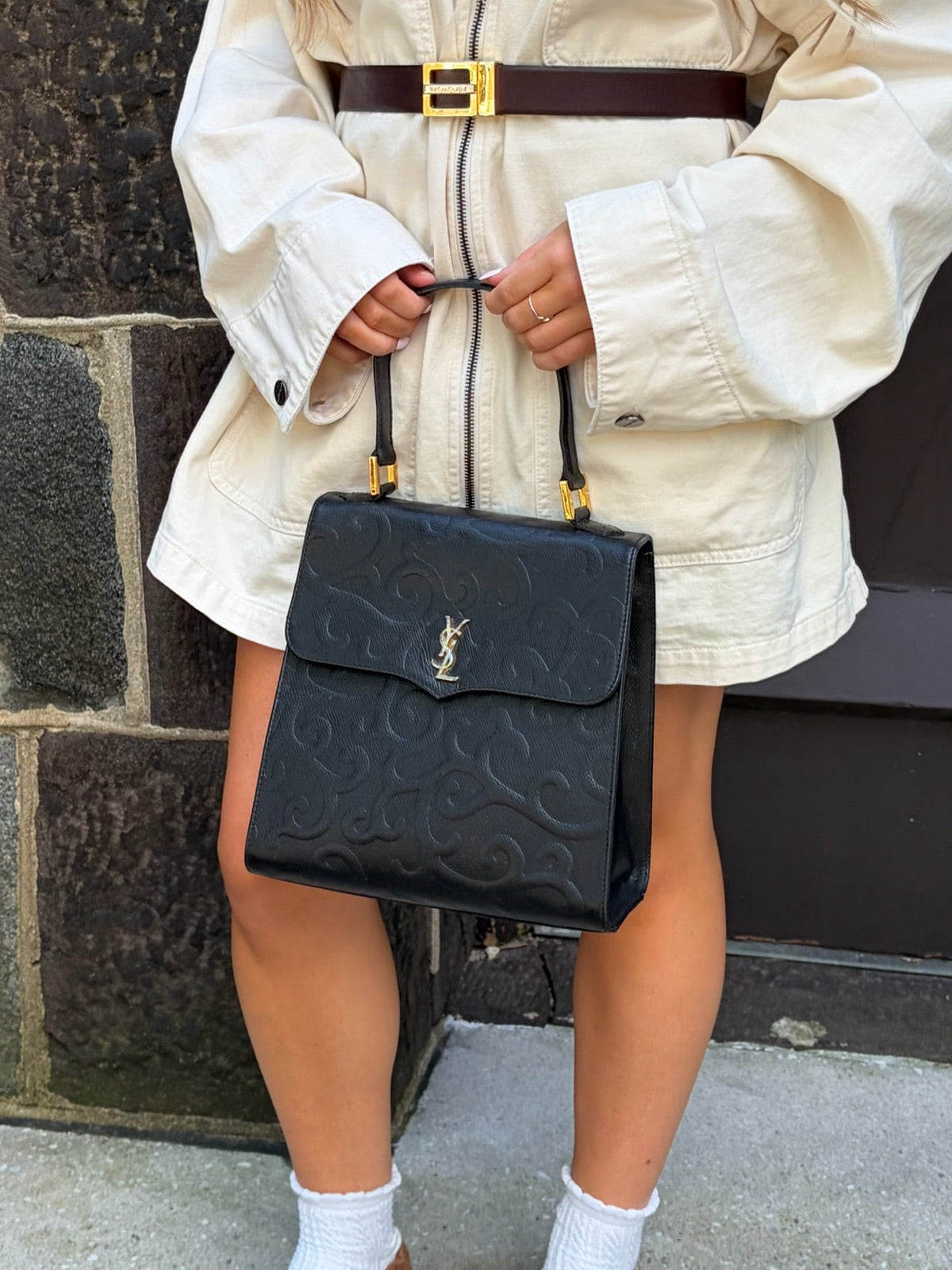 Vintage Yves Saint Laurent Embossed Leather Top Handle Bag – Black
