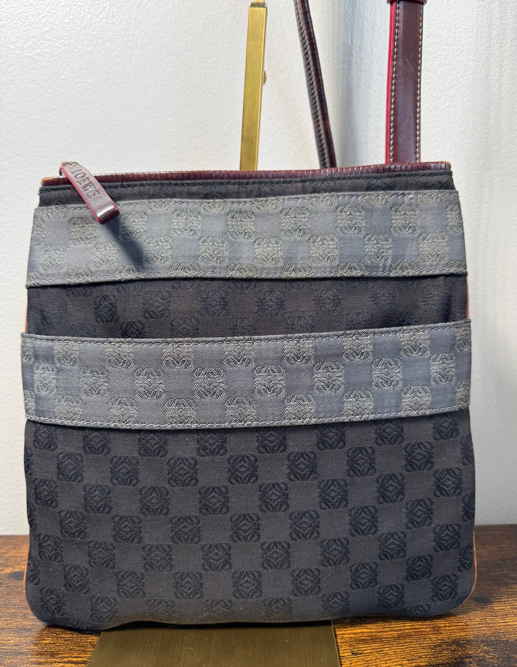 Loewe Anagram Canvas Crossbody Bag – Brown & Burgundy Leather Trim