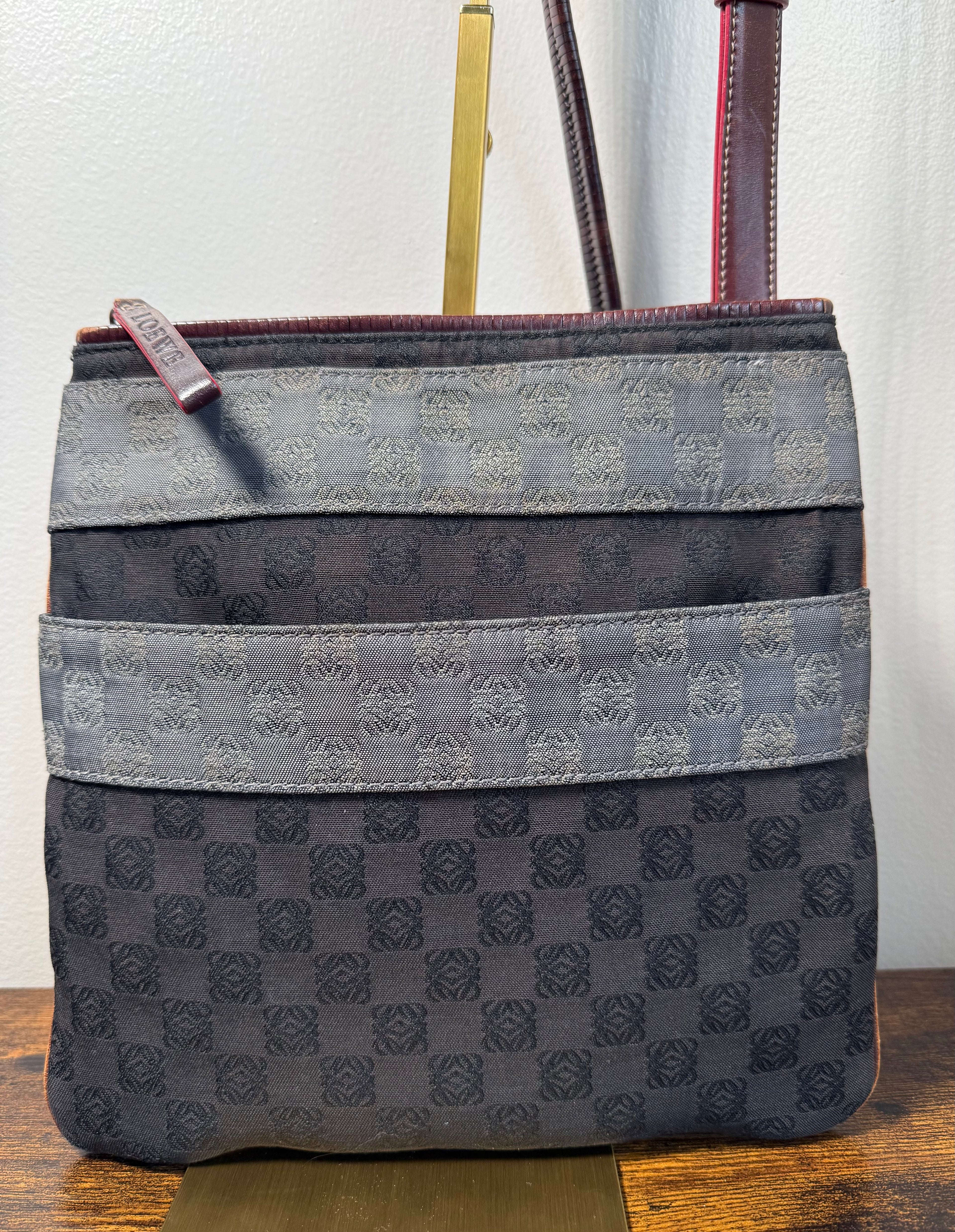 Loewe Anagram Canvas Crossbody Bag – Brown & Burgundy Leather Trim