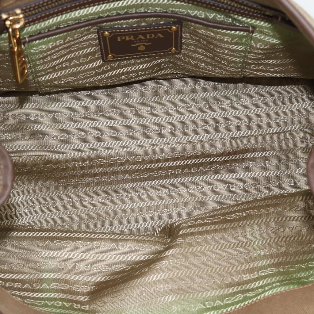 Prada Canapa Jacquard Logo Tote — Khaki Canvas, Brown Leather Trim