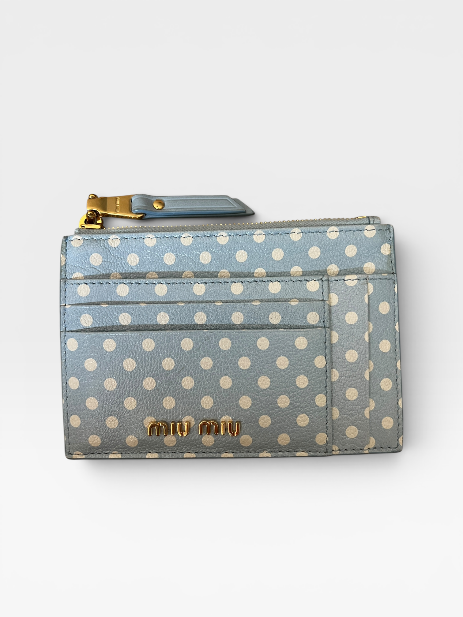 Miu Miu Polka Dot Leather Zip Card Holder – Light Blue