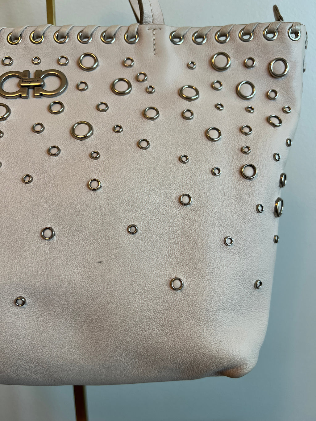 Salvatore Ferragamo Blush Gancini Studded Leather Tote Bag