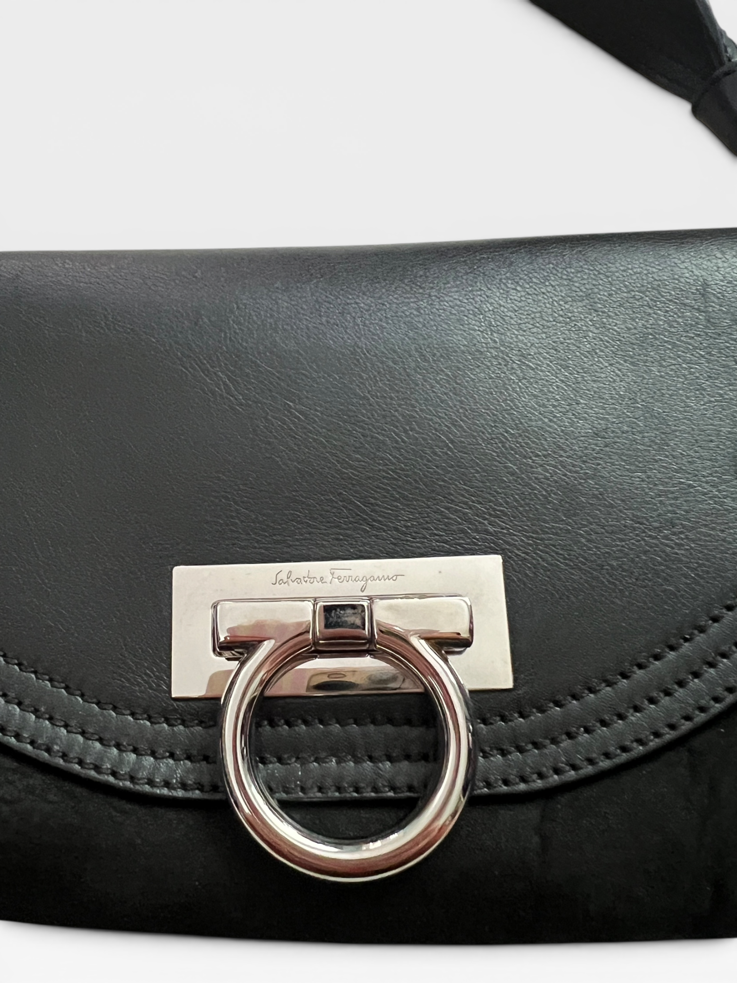 Salvatore Ferragamo Black Shearling & Leather Gancini Mini Shoulder Bag
