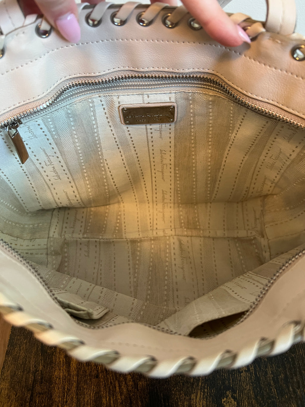 Salvatore Ferragamo Blush Gancini Studded Leather Tote Bag