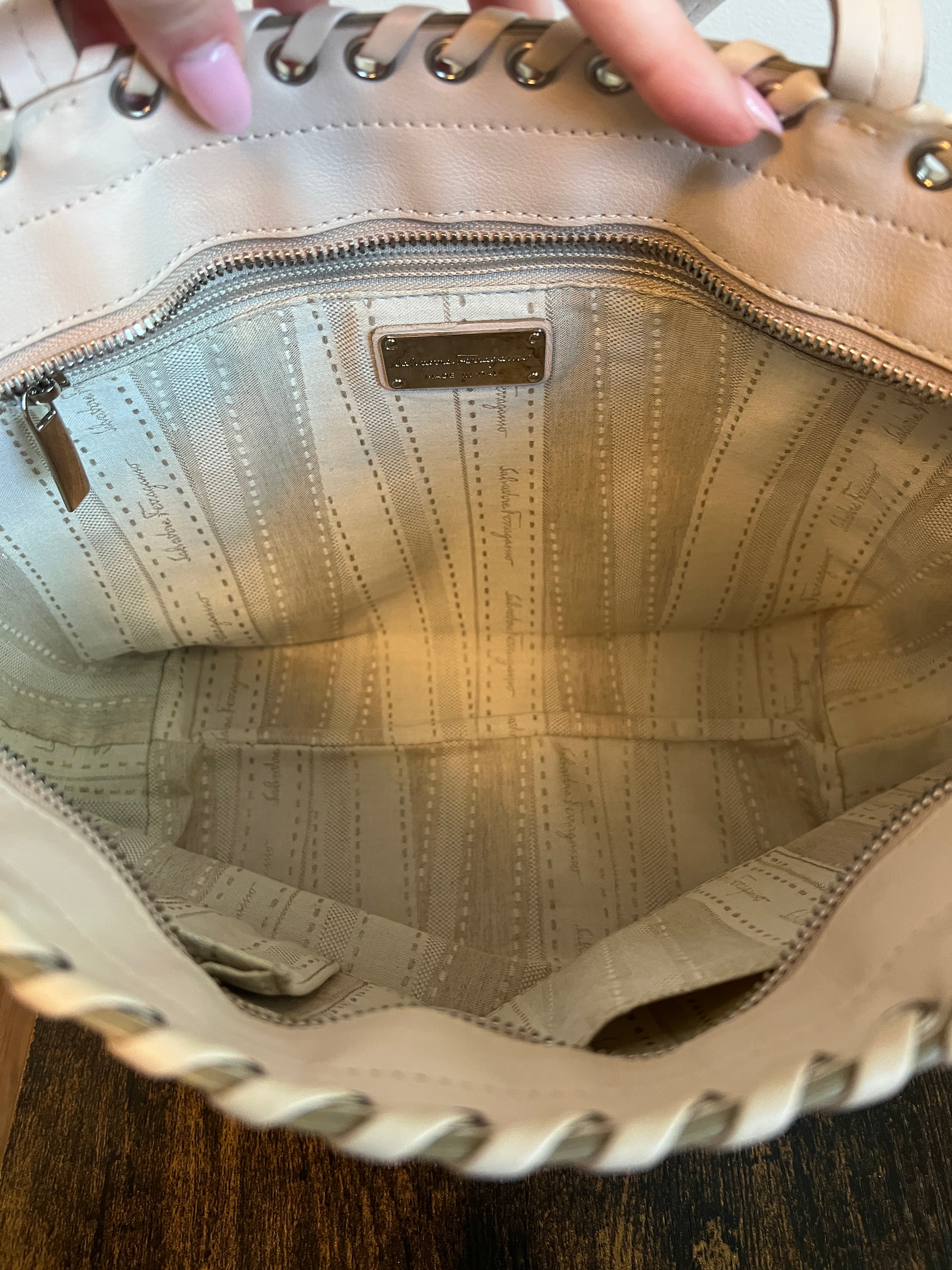 Salvatore Ferragamo Blush Gancini Studded Leather Tote Bag