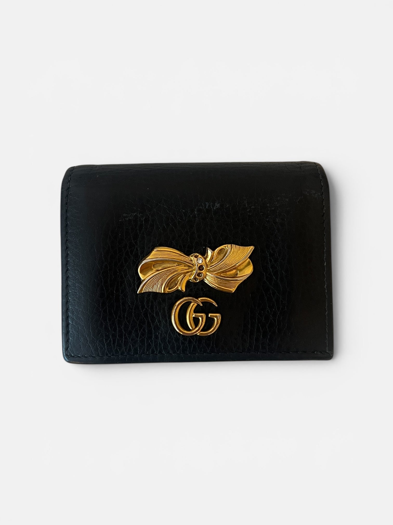 Gucci GG Marmont Bow Mini Wallet – Black Leather with Floral Interior