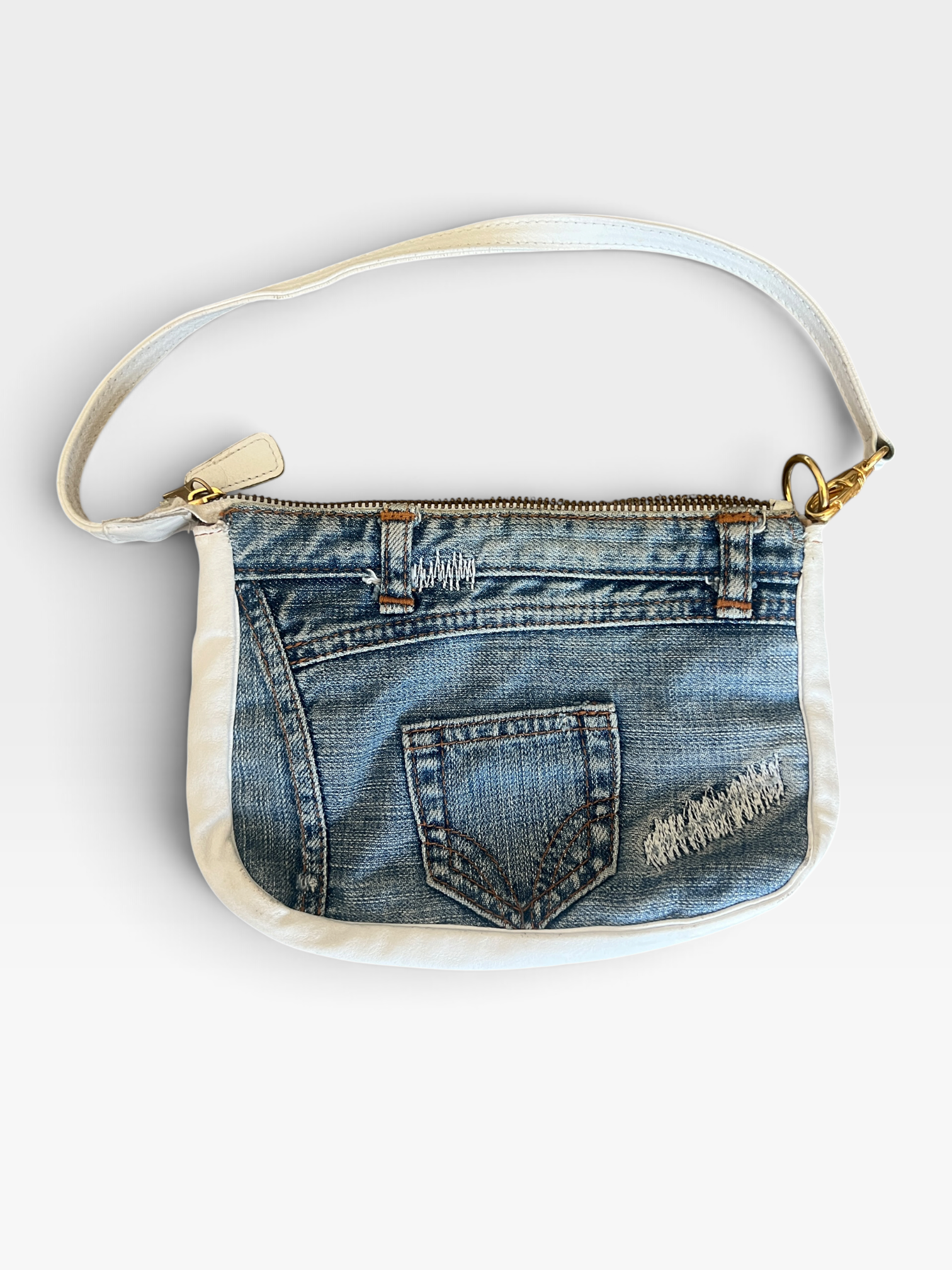 Dolce & Gabbana Y2K Distressed Denim & White Leather Shoulder Bag