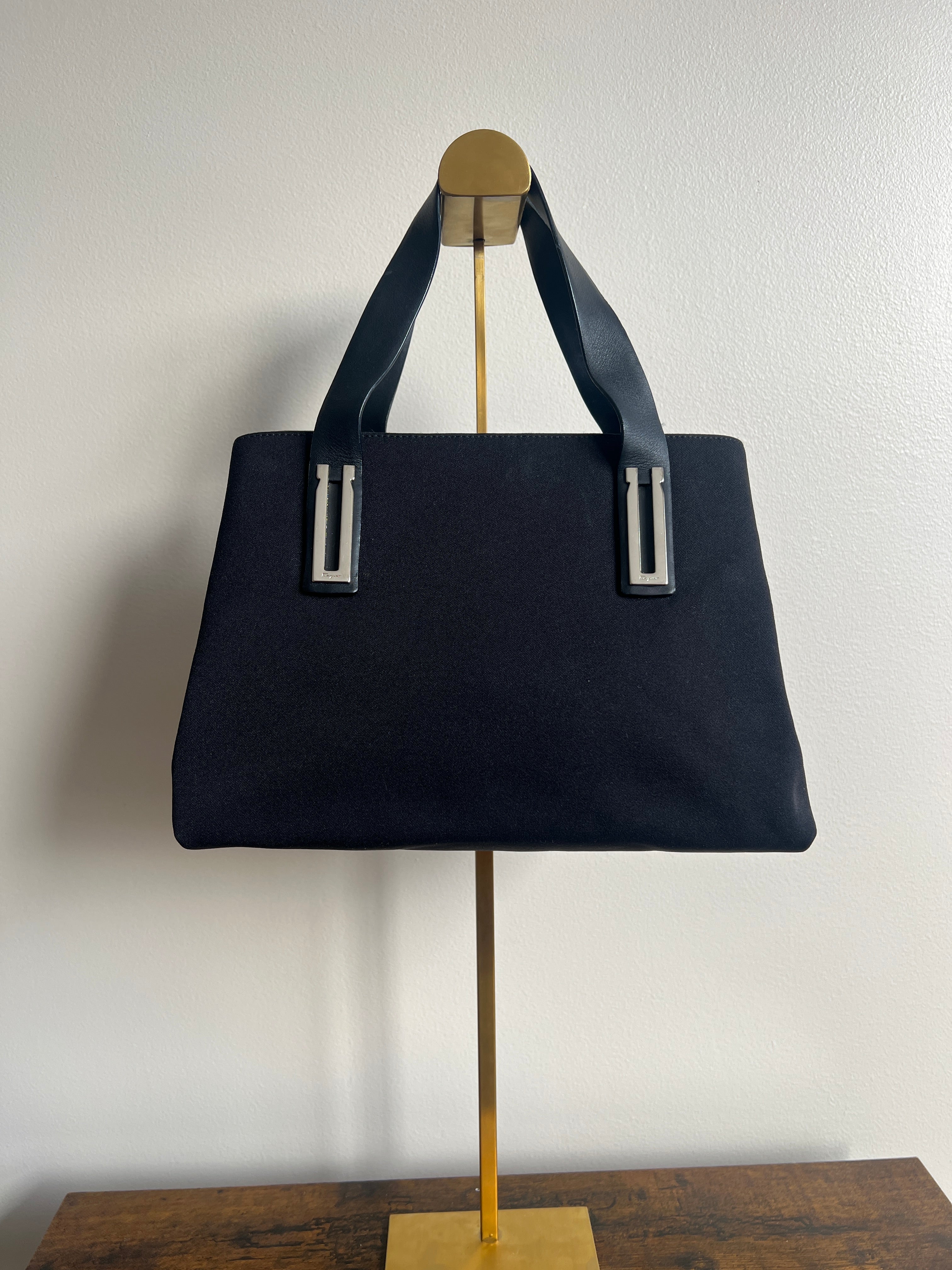 Ferragamo Black Nylon & Leather Top Handle Tote