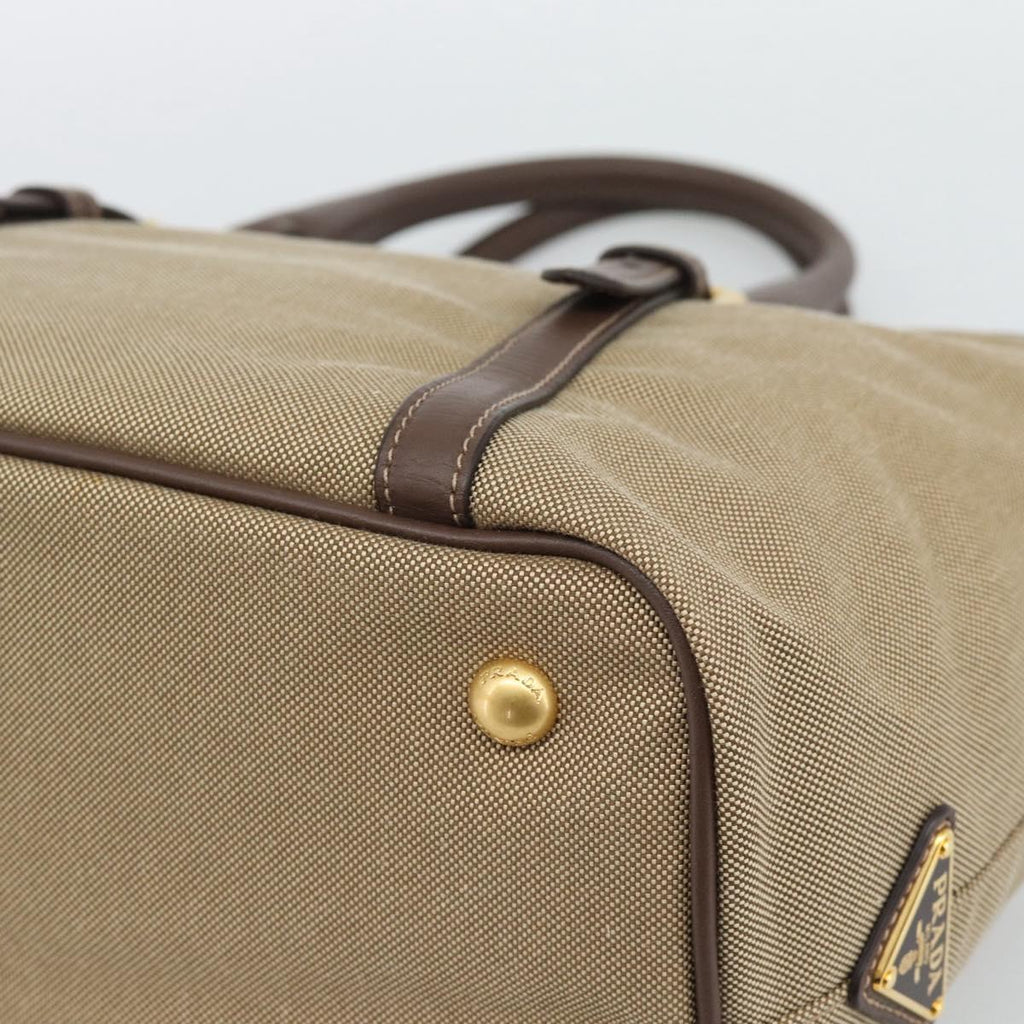 Prada Canapa Jacquard Logo Tote — Khaki Canvas, Brown Leather Trim