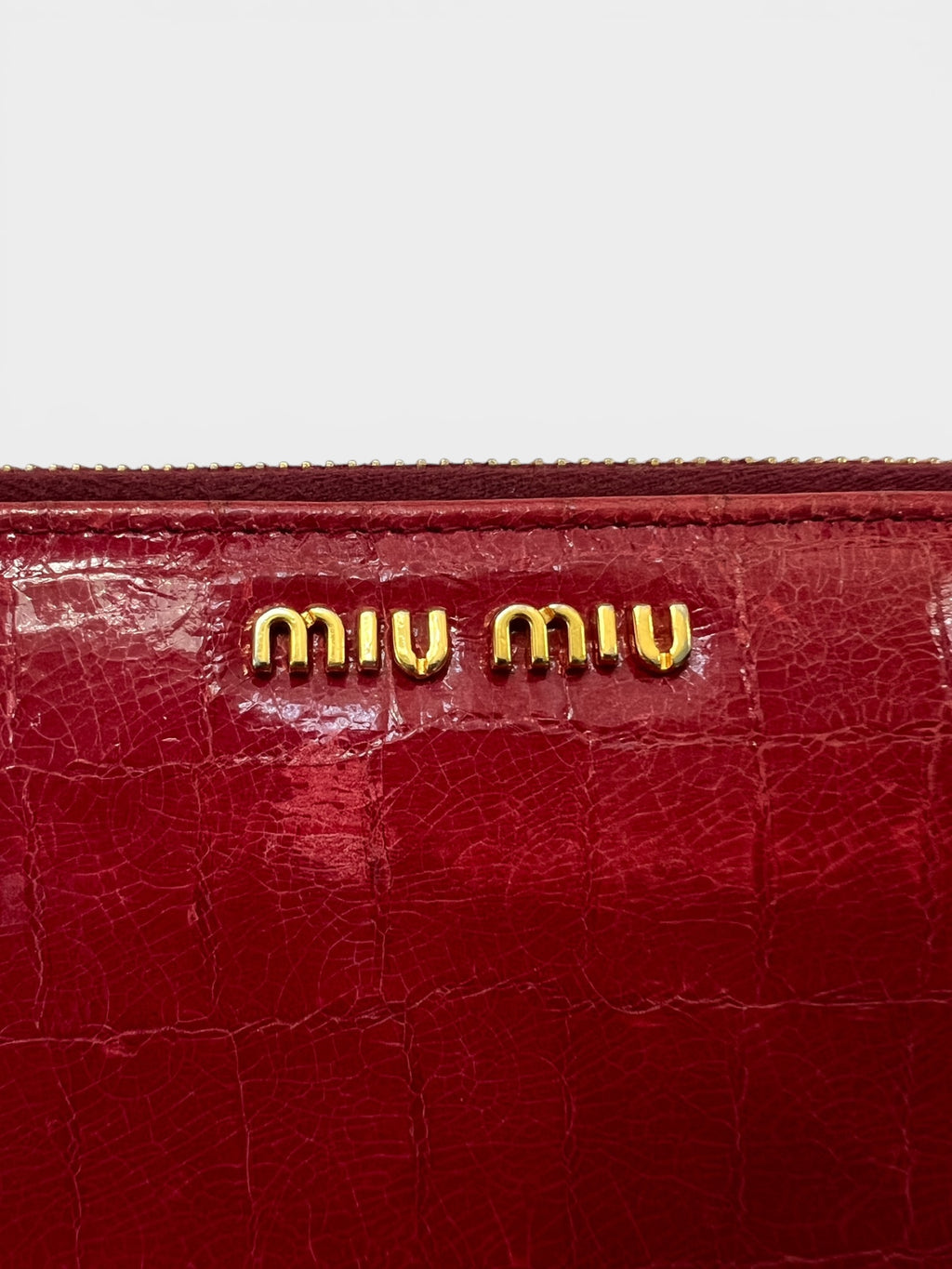 Miu Miu Red Croc-Embossed Patent Zip Wallet