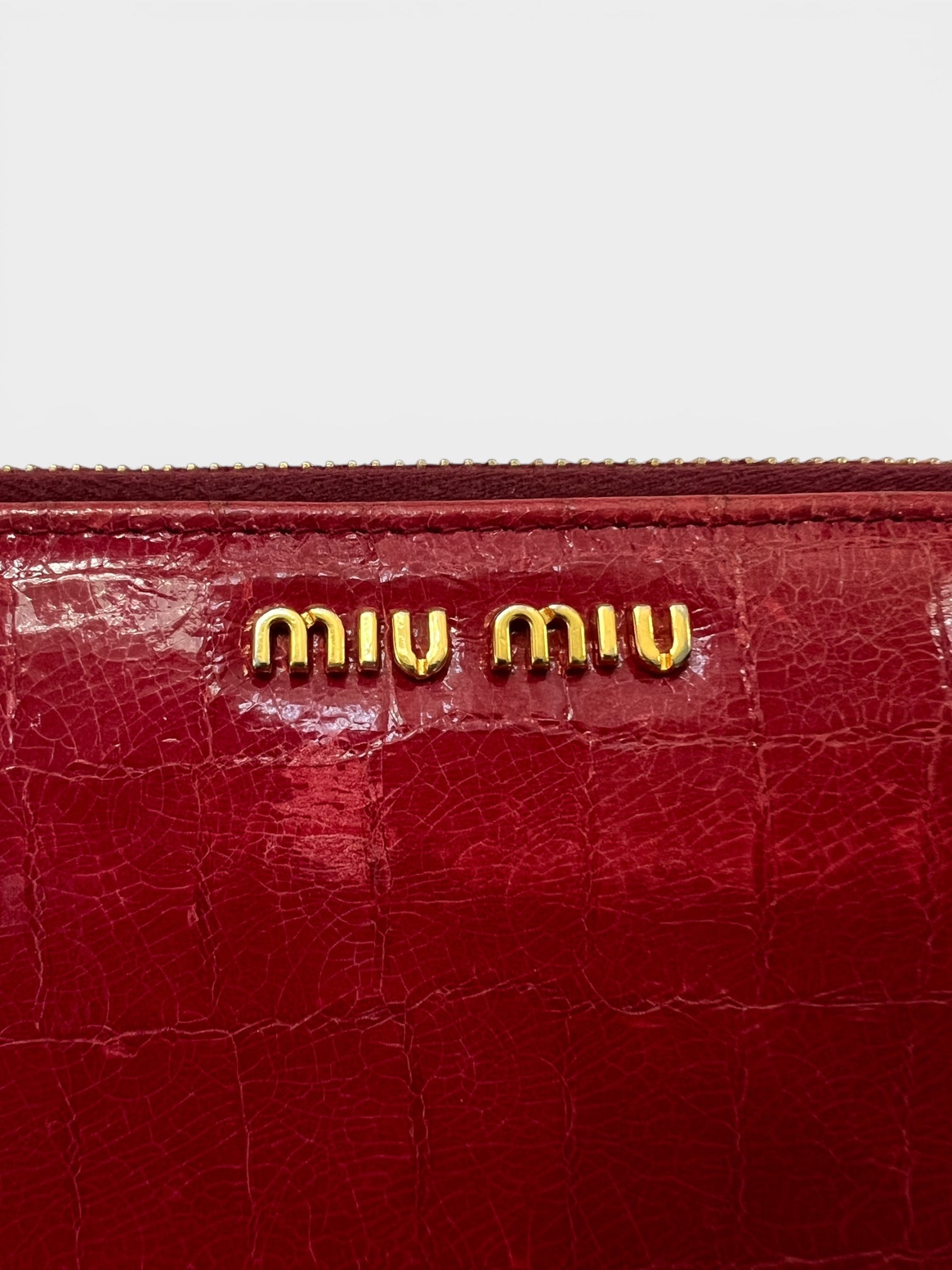 Miu Miu Red Croc-Embossed Patent Zip Wallet