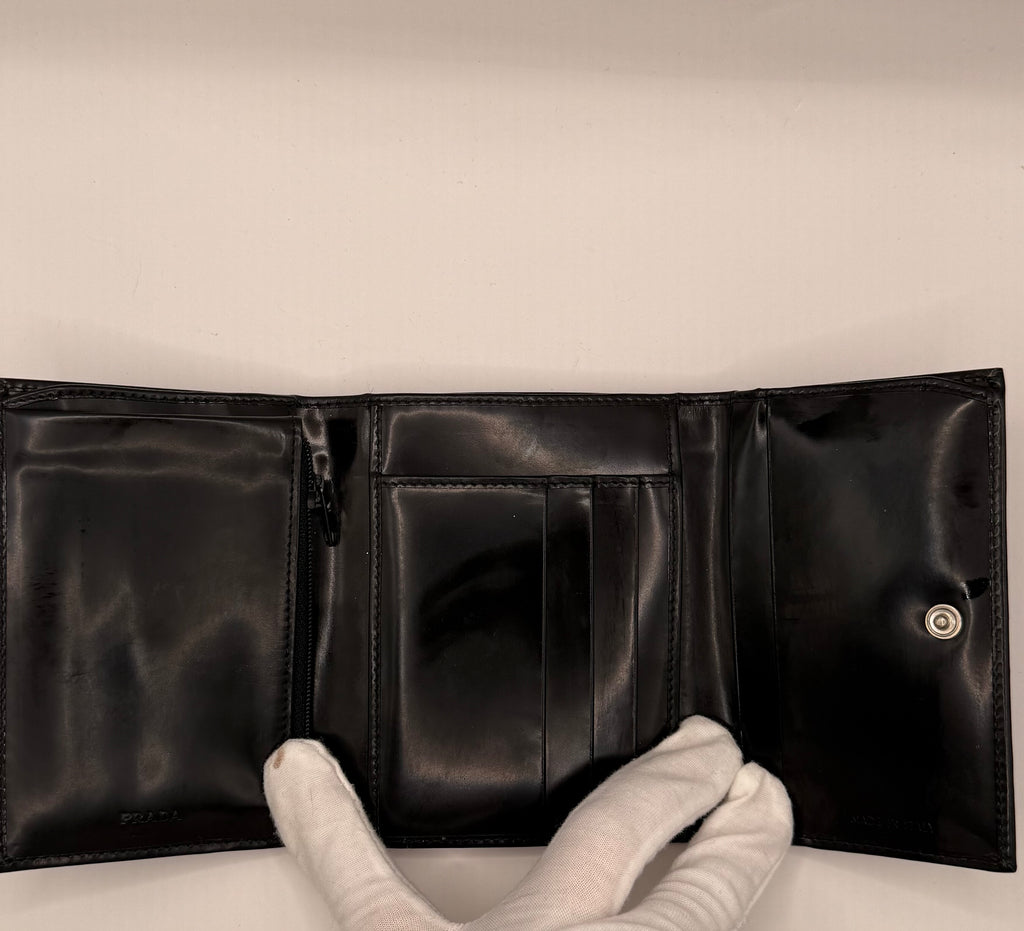 Prada Black Polished Leather Tri-Fold Wallet