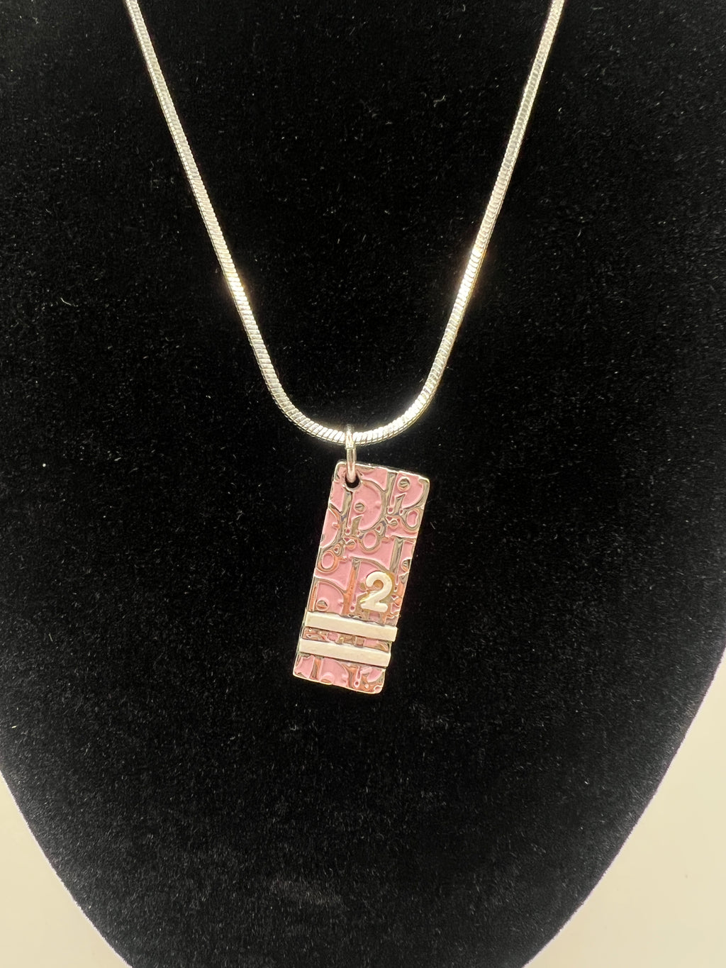 Vintage Dior Pink Enamel Monogram Pendant Necklace