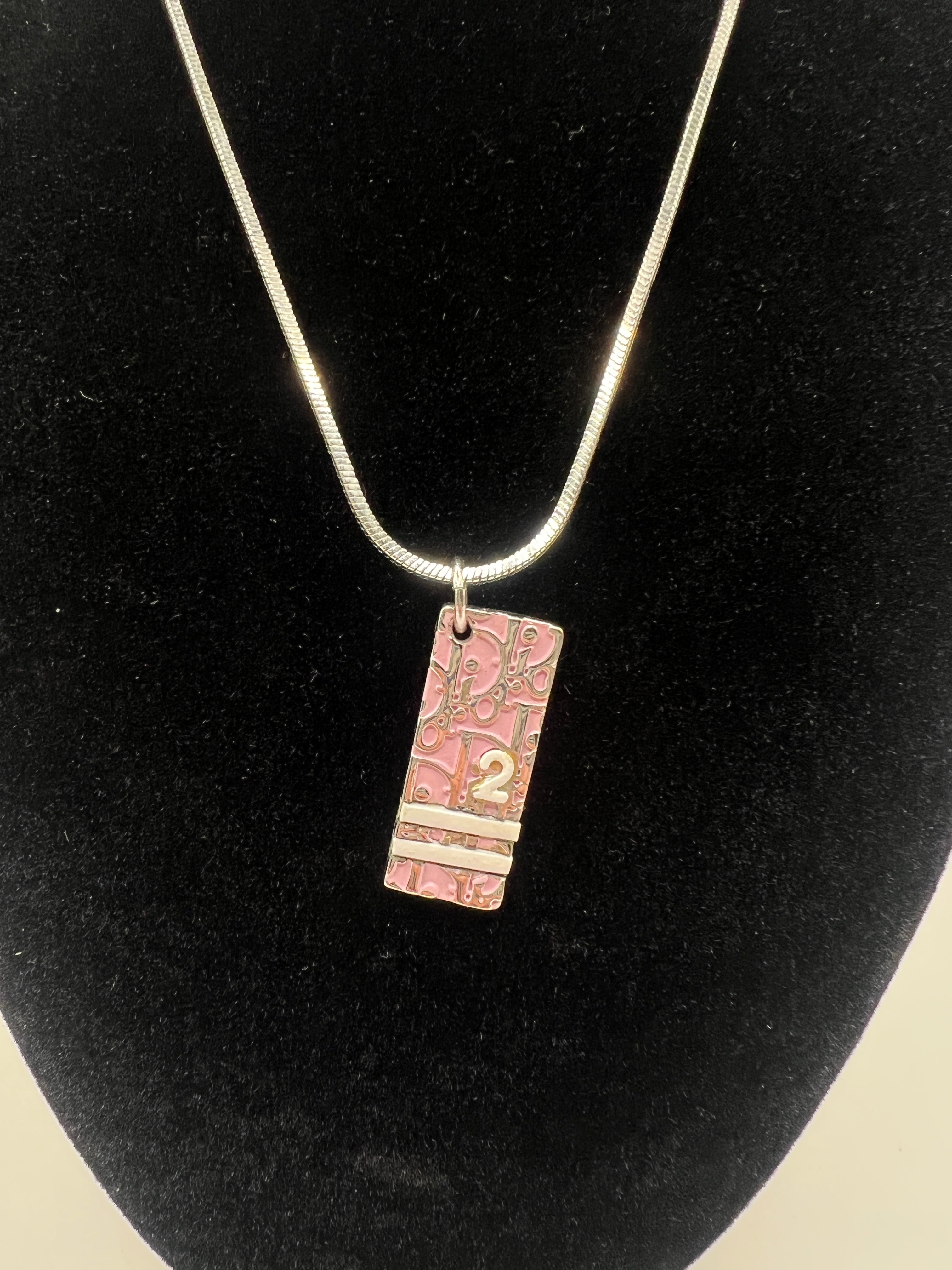 Vintage Dior Pink Enamel Monogram Pendant Necklace