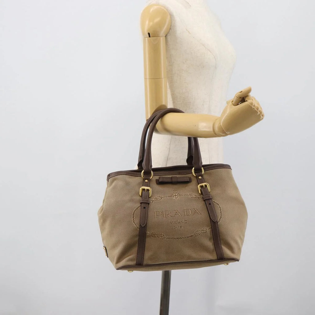 Prada Canapa Jacquard Logo Tote — Khaki Canvas, Brown Leather Trim