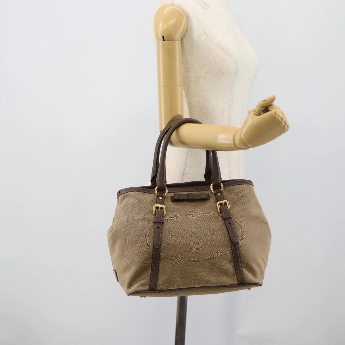 Prada Canapa Jacquard Logo Tote — Khaki Canvas, Brown Leather Trim