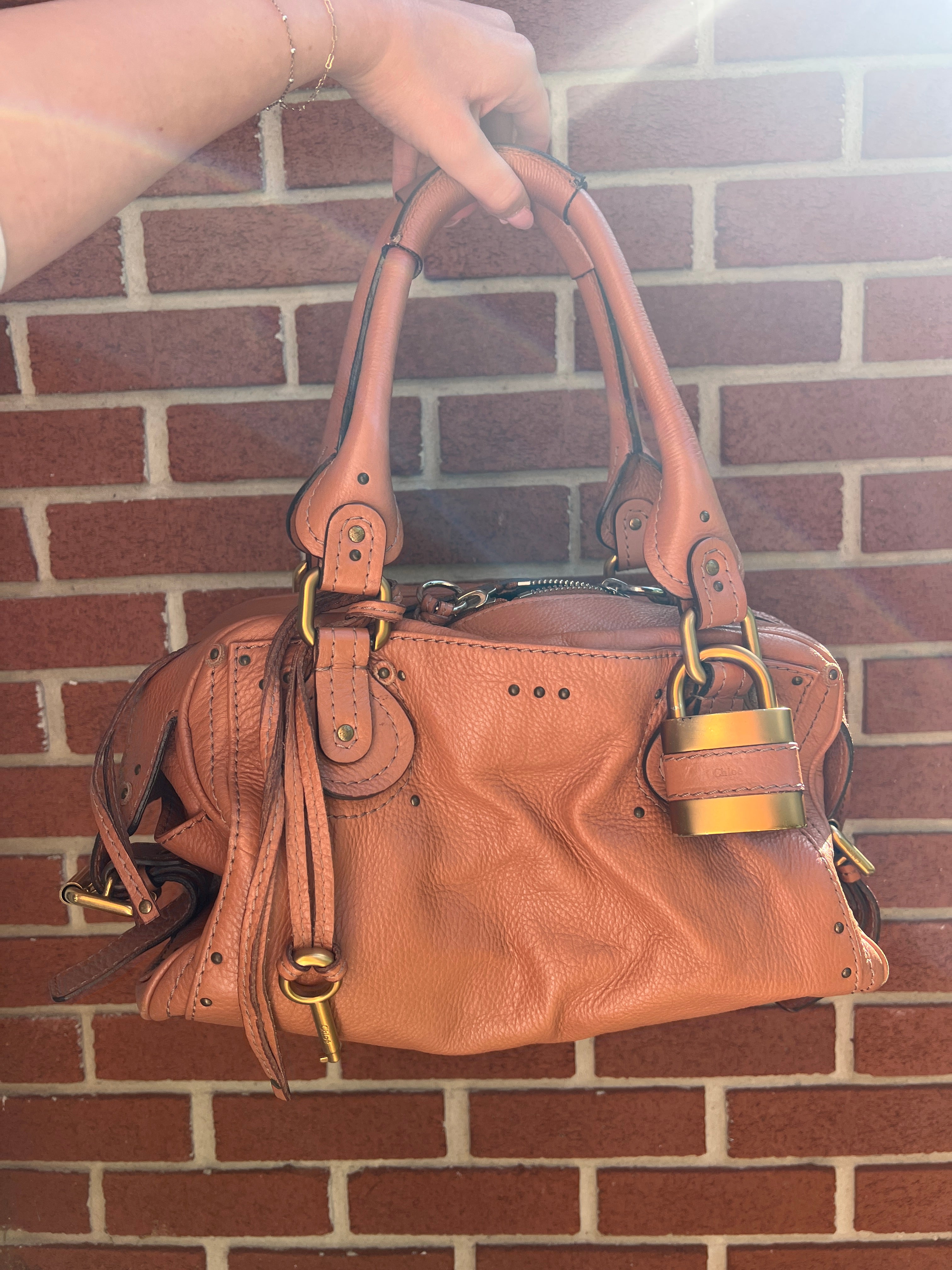 Chloé Paddington Lock Bag in Caramel Pebbled Leather
