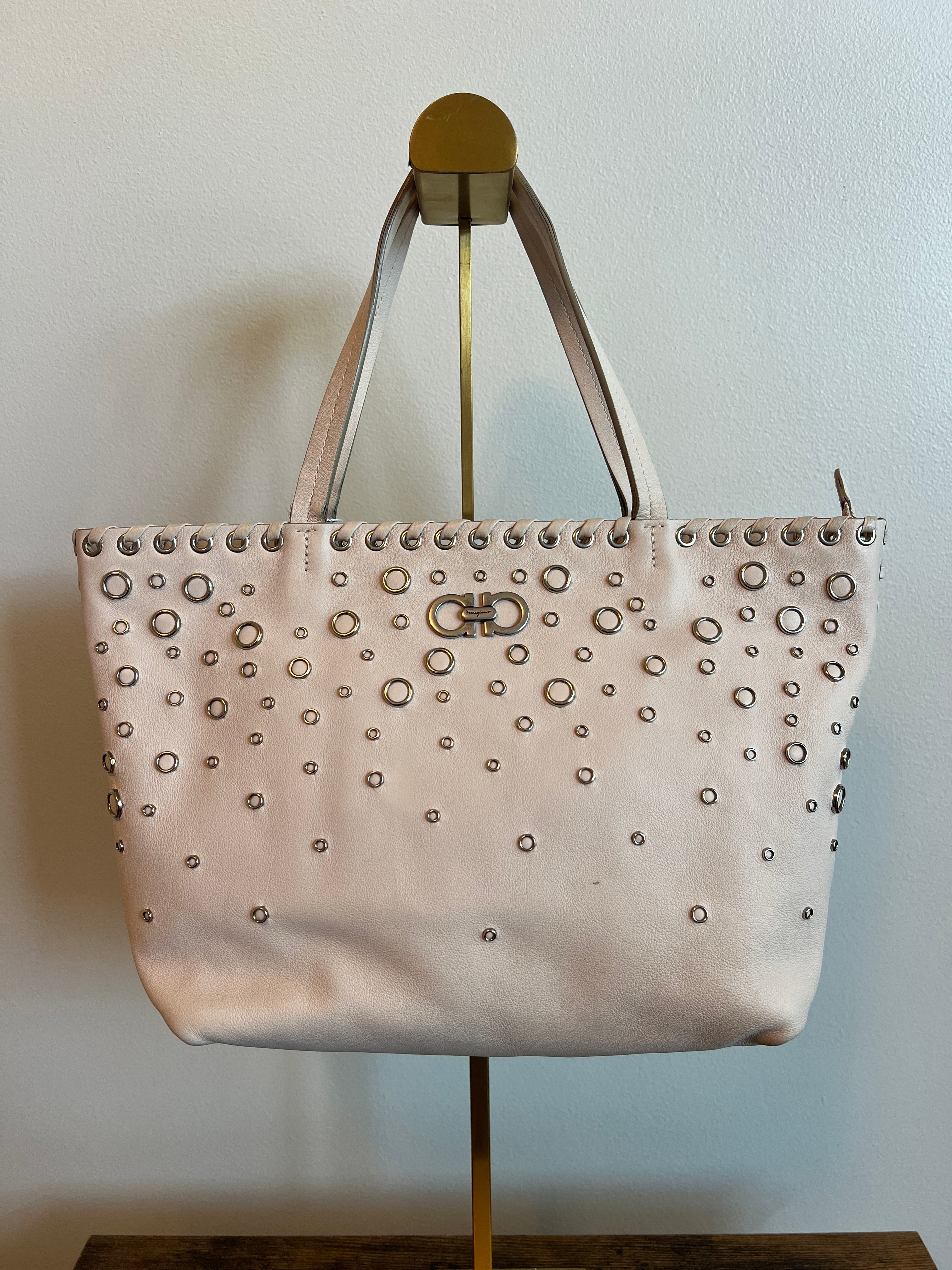 Salvatore Ferragamo Blush Gancini Studded Leather Tote Bag