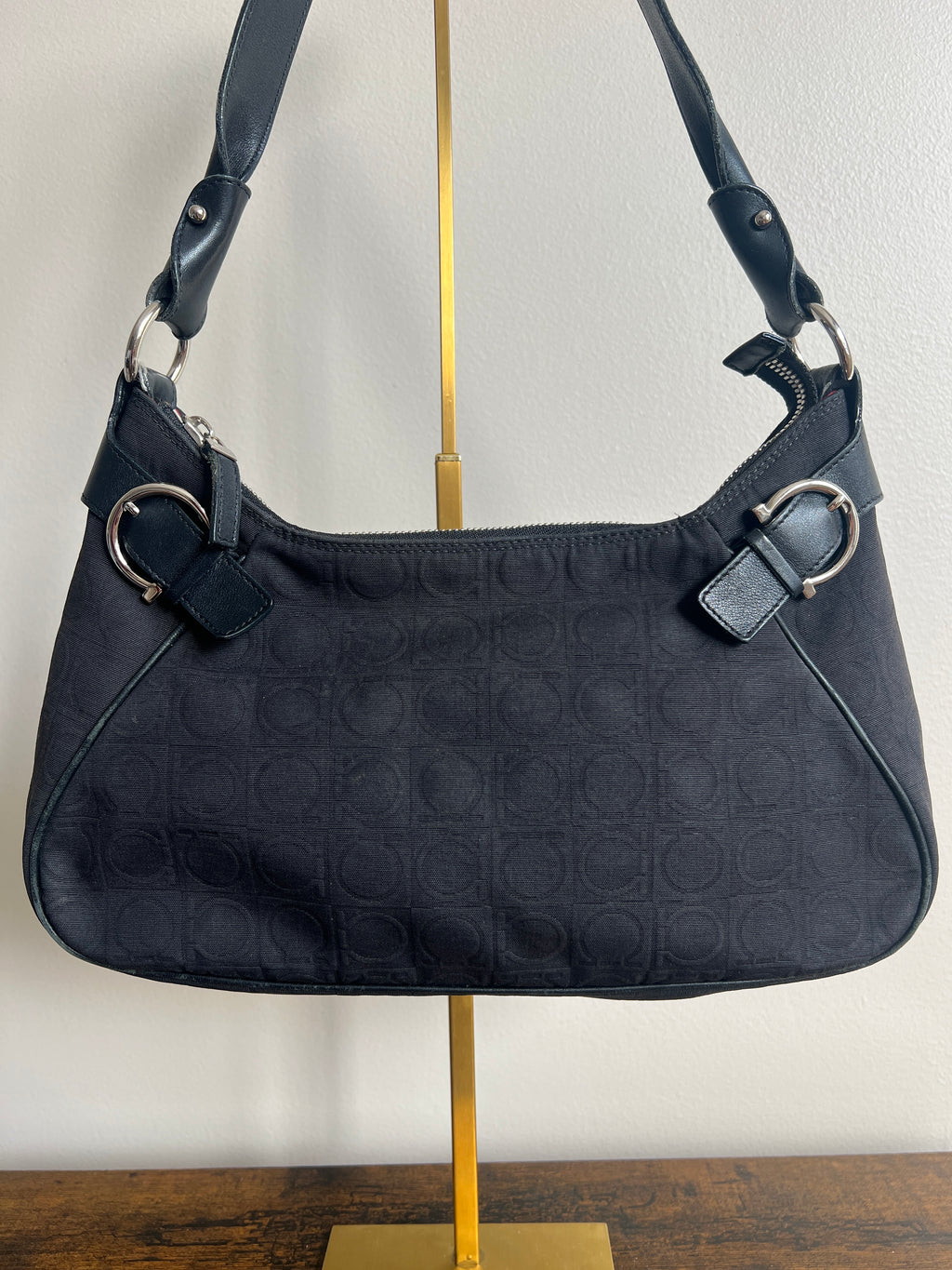 Ferragamo Black Gancini Canvas Shoulder Bag
