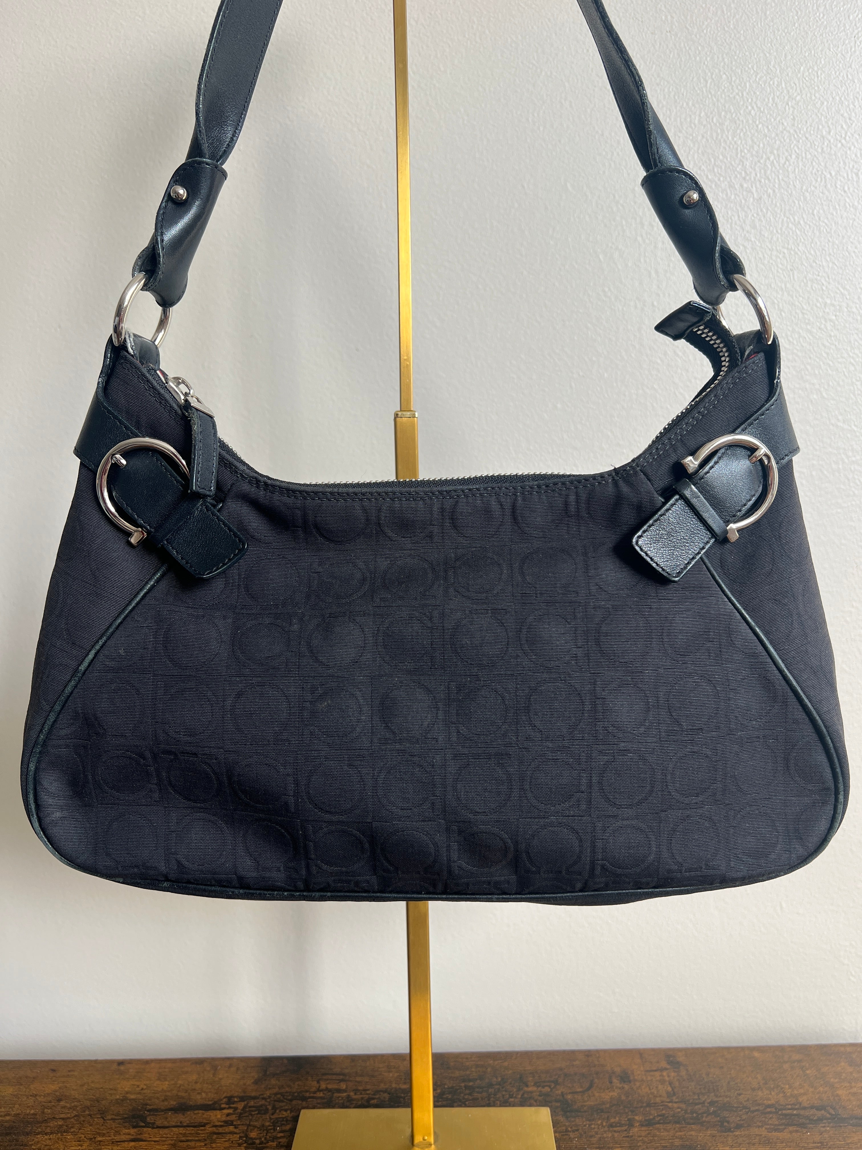 Ferragamo Black Gancini Canvas Shoulder Bag