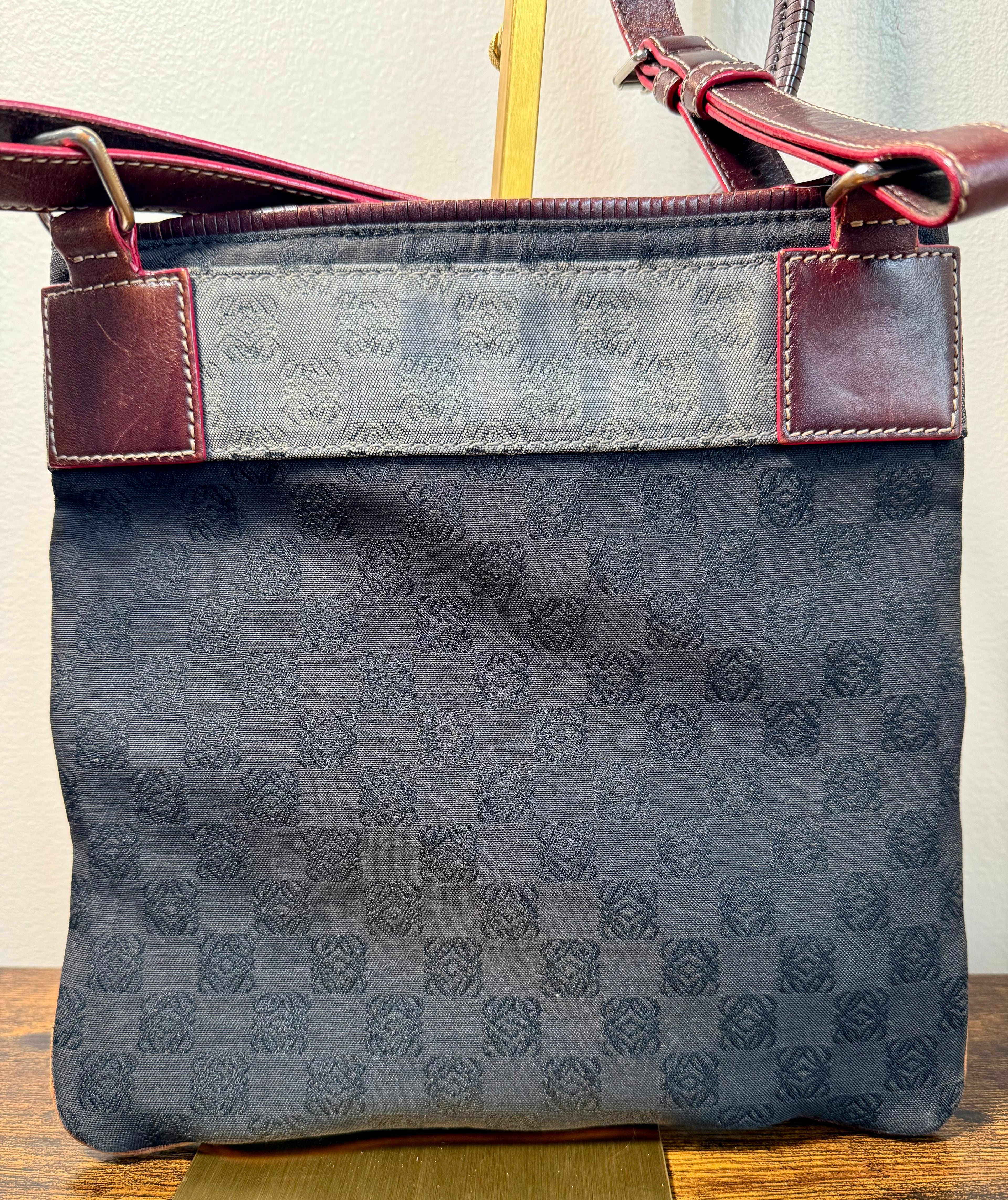 Loewe Anagram Canvas Crossbody Bag – Brown & Burgundy Leather Trim