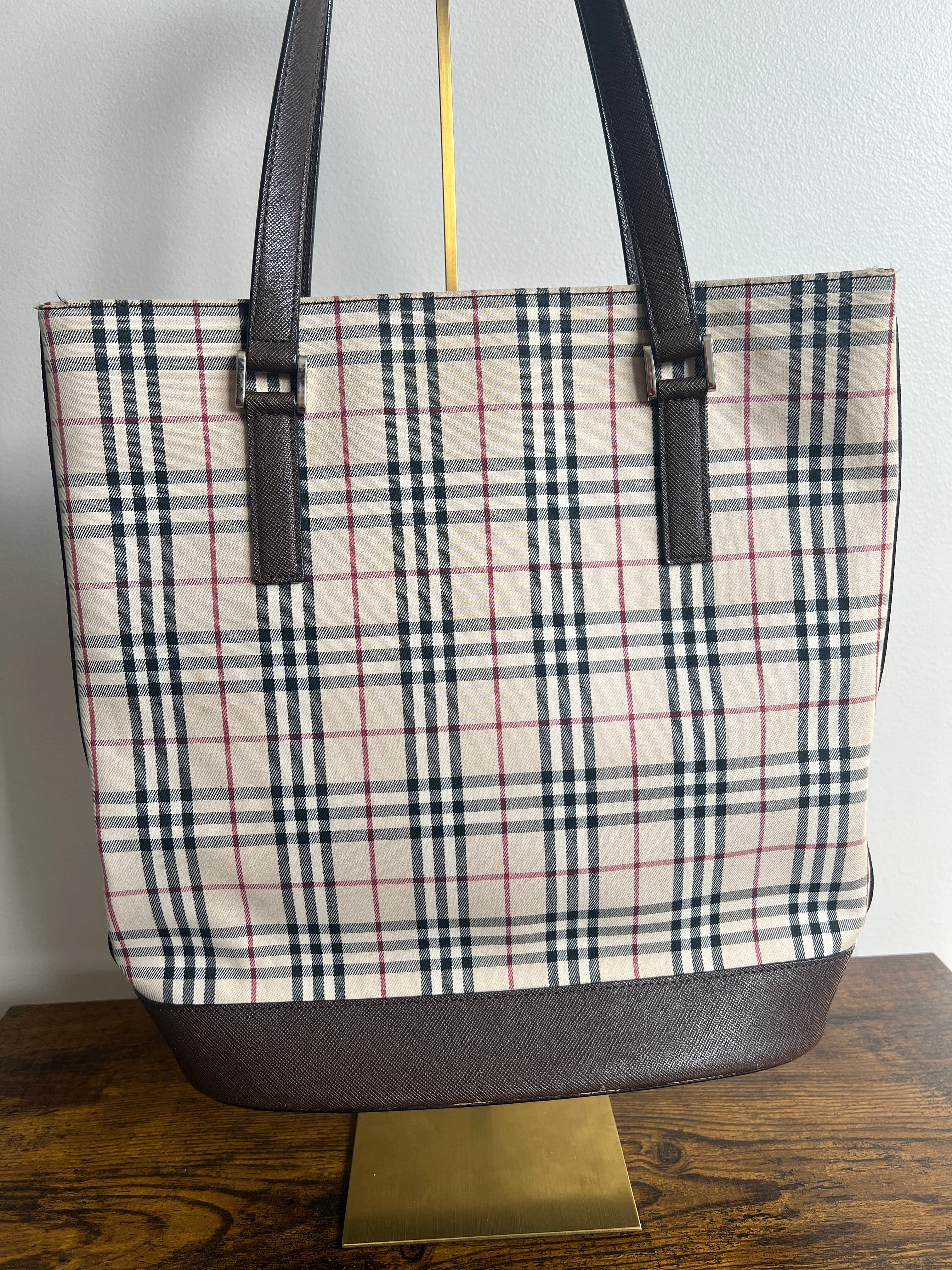 Burberry Vintage Nova Check Canvas Tote Bag - Brown leather