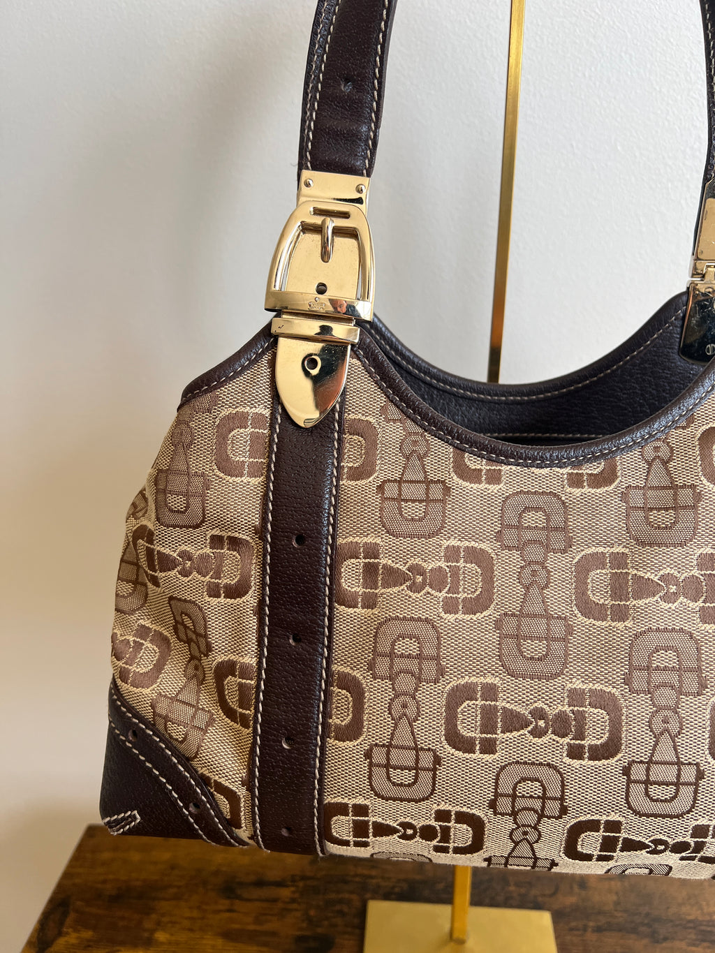 Gucci Horsebit Monogram Canvas & Leather Shoulder Bag