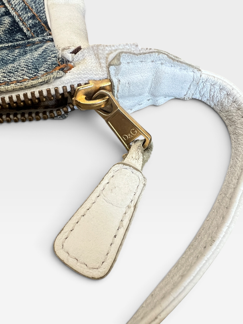 Dolce & Gabbana Y2K Distressed Denim & White Leather Shoulder Bag