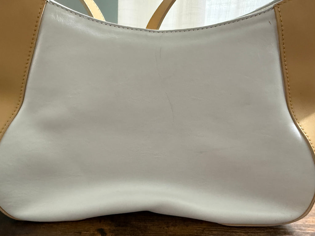 Bruno Magli Ivory Camel Leather Shoulder Bag Small Hobo Italy Gold Hardware Minimalist Y2K