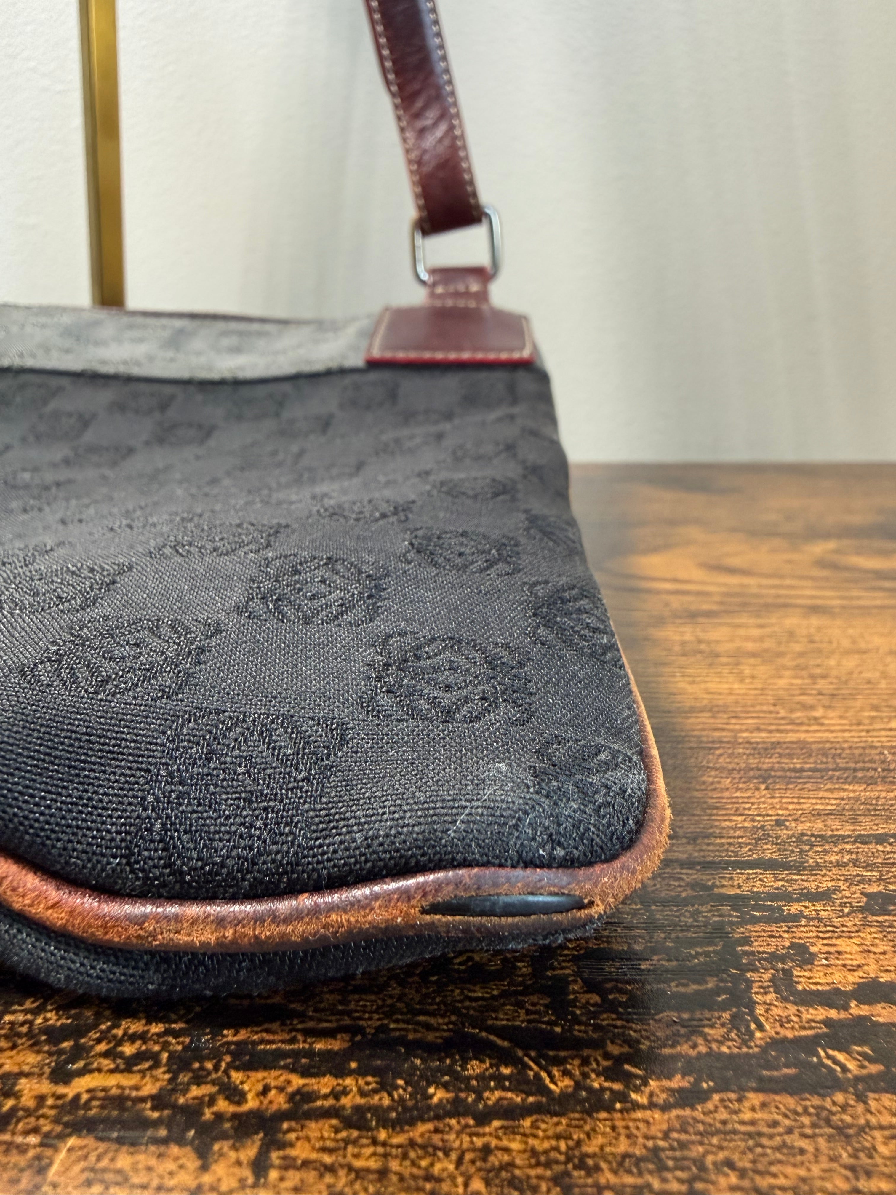 Loewe Anagram Canvas Crossbody Bag – Brown & Burgundy Leather Trim