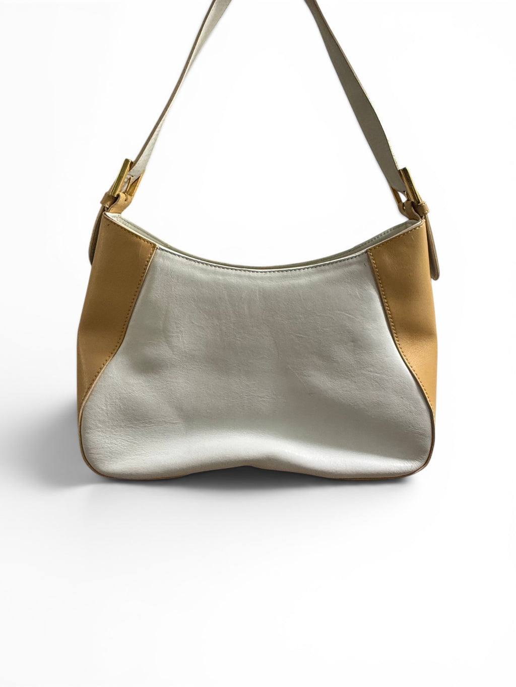 Bruno Magli Ivory Camel Leather Shoulder Bag Small Hobo Italy Gold Hardware Minimalist Y2K