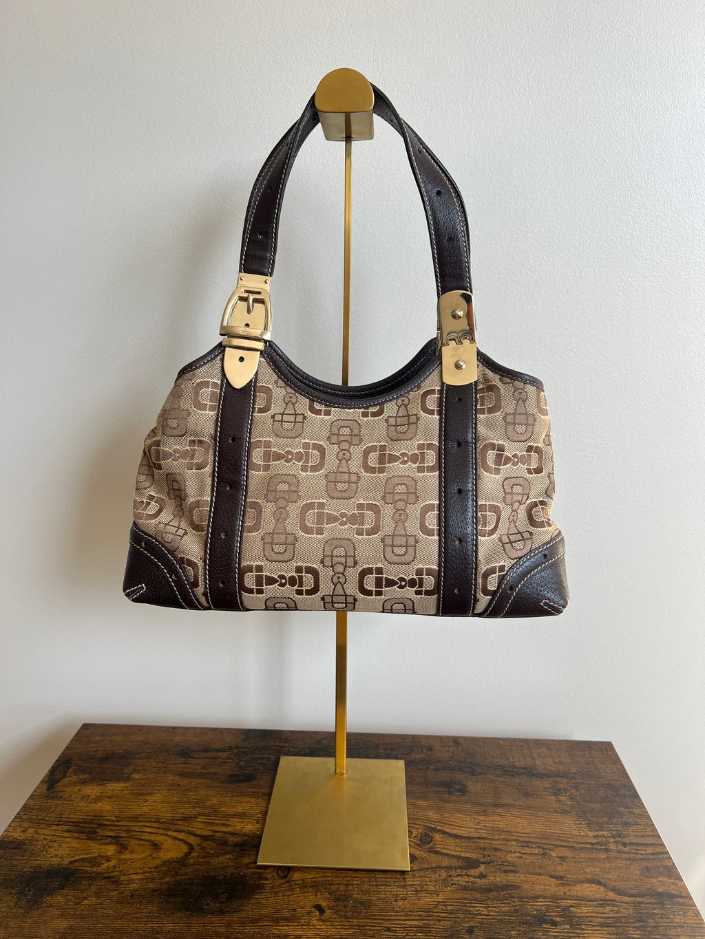 Gucci Horsebit Monogram Canvas & Leather Shoulder Bag