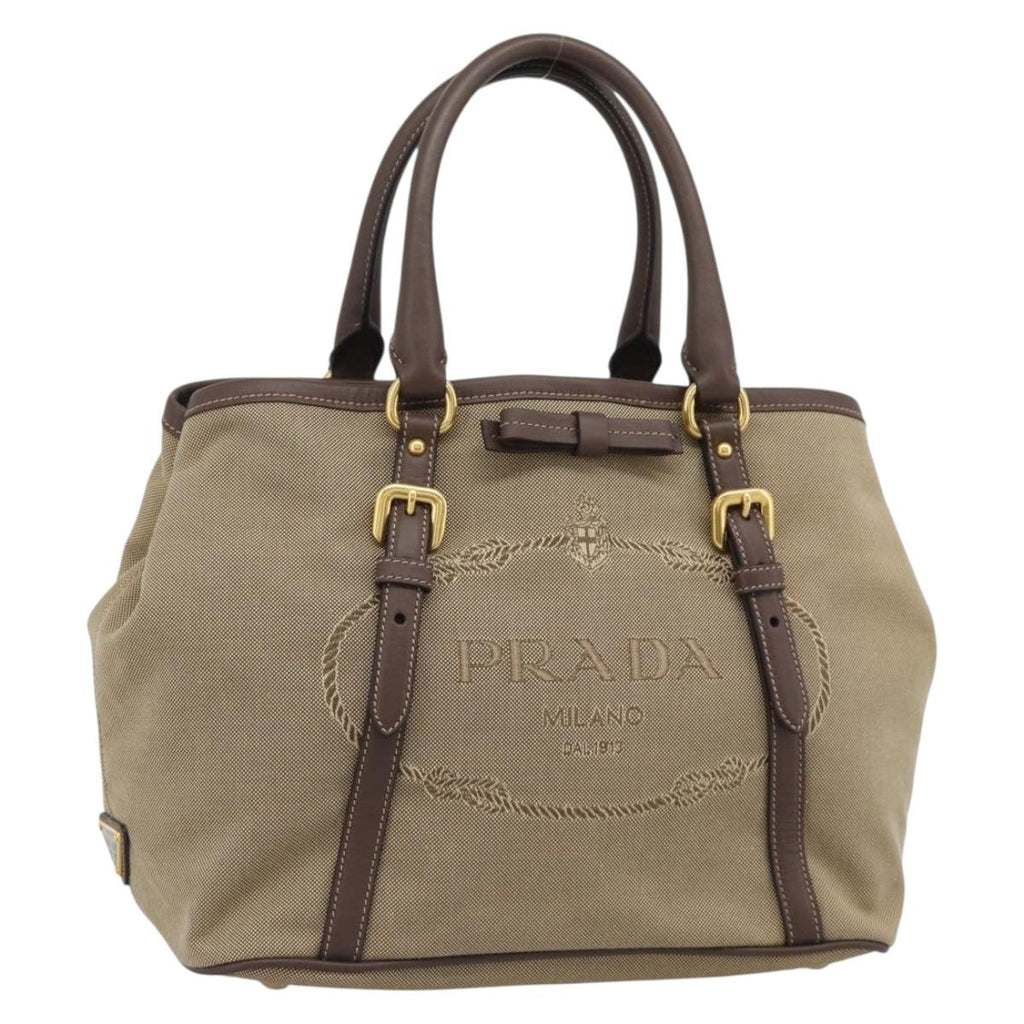 Prada Canapa Jacquard Logo Tote — Khaki Canvas, Brown Leather Trim